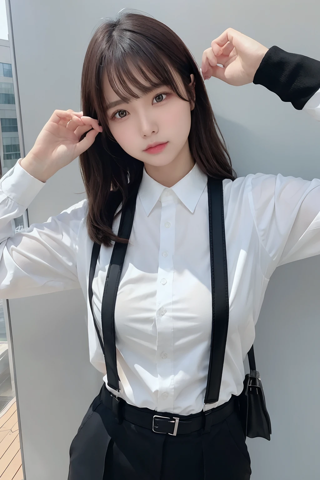 masterpiece、flat-colors、depth of fields、lens flare 1 girl、、Brown hair、watching at viewers a belt black suspenders Social OL Too large breasts Armpit sweat perspiring Side of both hands walls: Black Suit Black pants, Black jacket
