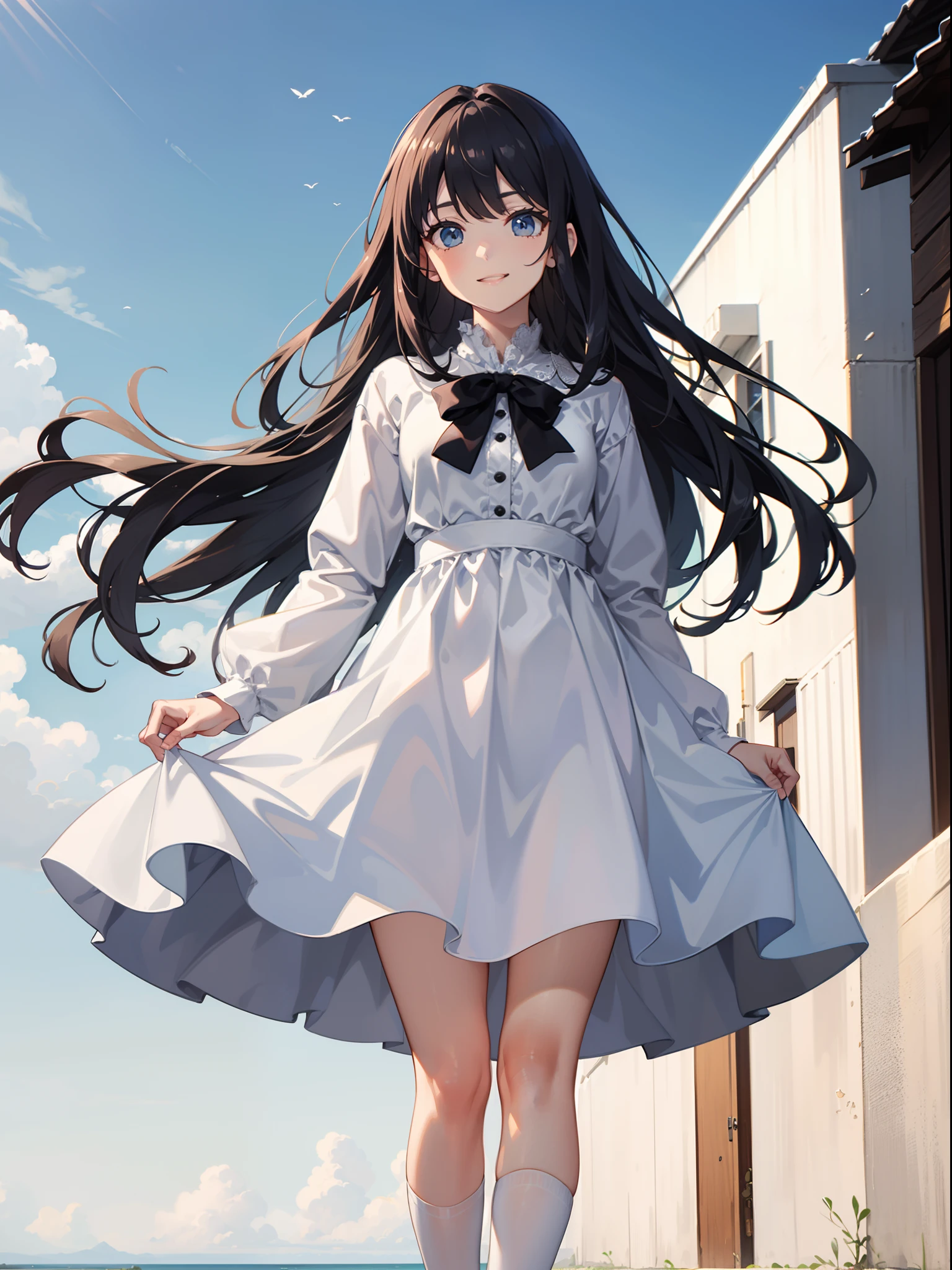 1girl in、A smile、The shirt、skirt by the、White fluffy dress、（small tits）、Chilarism、movement、the wind、Upper body portrait、