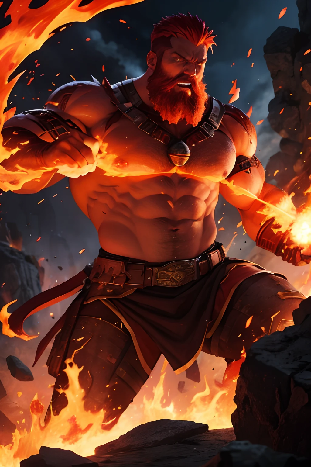 Red-haired,muscular Fire Giant,glowing war hammer,strong fiery aura,glistening sweat,crimson eyes,rippling muscles,fiery beard,burning tattoos,roaring flames,enormous figure,smoky backdrop,molten lava cascading,scorched earth,burning embers,battle scars,fierce expression,fantastic details,best quality,ultra-detailed,highres,(realistic:1.37),epic fantasy,mythical creature,heroic proportions,fiery warrior,destroyer of worlds,underworld menace,fierce guardian,flaming power,legendary strength,volcanic backdrop,vivid colors,deep reds,fiery oranges,ambient lighting,hellish glow.