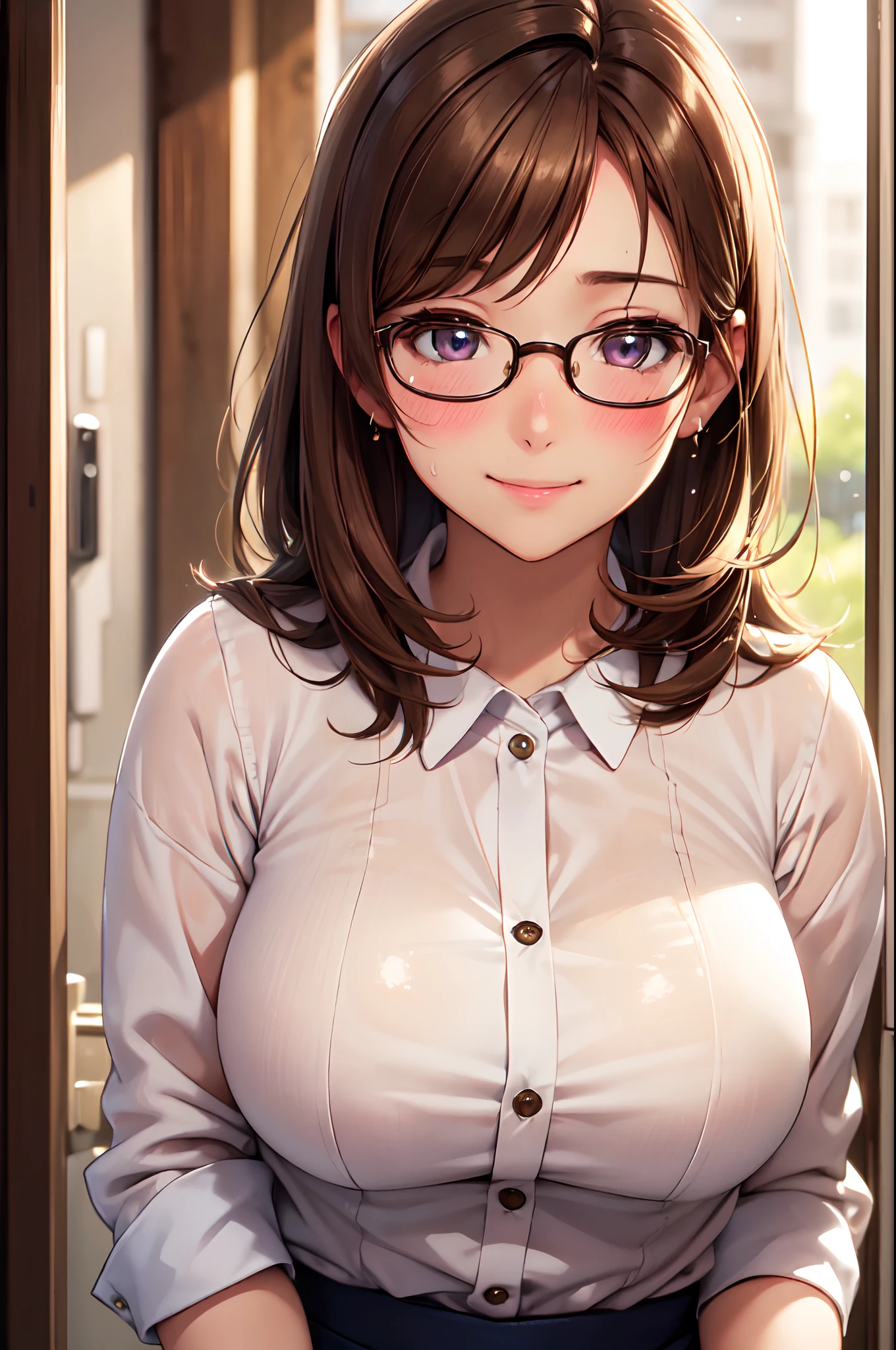 (High quality, High resolution, Fine details, Realistic), Round frame glasses, Cute clothes, solo, Adult Woman, Light brown hair, sparkling eyes, smile, blush, Large breasts, Sweat, Oily skin, Shallow depth of field