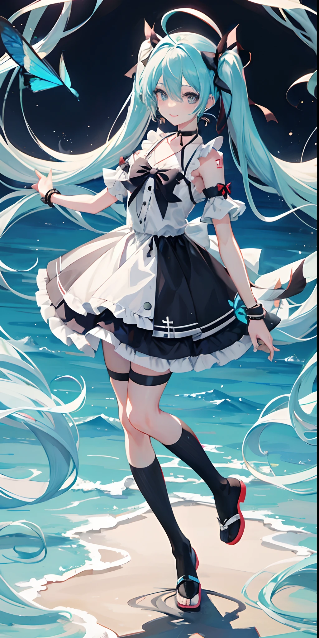 demon tail,butterflys,coda,bug,1girl in,Long whit hair,Beautiful dress,wristbands,Footwear,Hatsune Miku,The shirt,Choker,Black legwear,aqua hair,Bike Shorts,Solo,Blue butterfly,double tails,Black Choker,bangle,full body Esbian,a black ribbon,extra long hair,Tail decoration,jewely,Black bow,hair between eye,Ahoge,Oyuki,耳Nipple Ring,snow mountains,Tail bow,standing on your feet,ssmile,delicate legs,鎖骨,cropped shoulders,is shy,bow ribbon,Long gray hair,aqua eyes,Gradient Color,Delicate bow,White knee-length socks,looking at viewert。