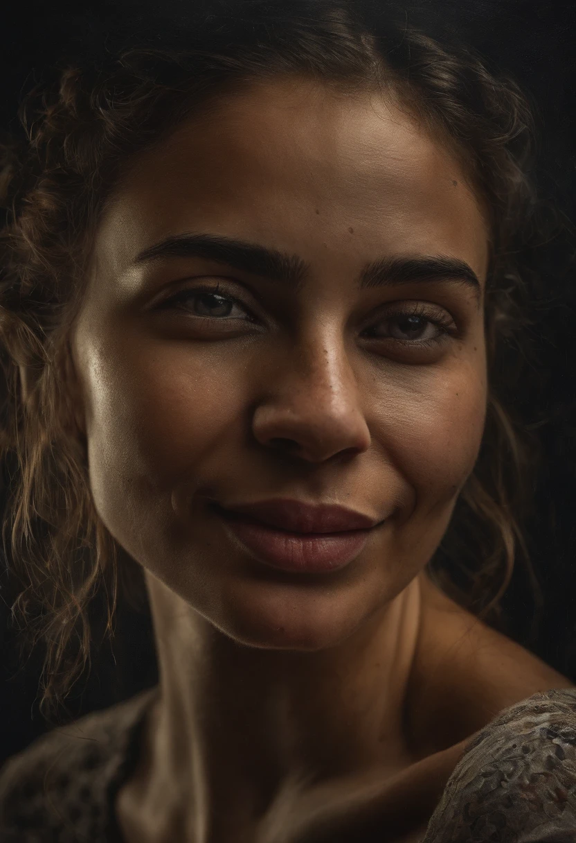 (close-up, editorial photograph of a 21 year old woman), (highly detailed face:1.4) (smile:0.7) (background inside dark, moody, private study:1.3) POV, by lee jeffries, nikon d850, film stock photograph ,4 kodak portra 400 ,camera f1.6 lens ,rich colors ,hyper realistic ,lifelike texture, dramatic lighting , cinestill 800,