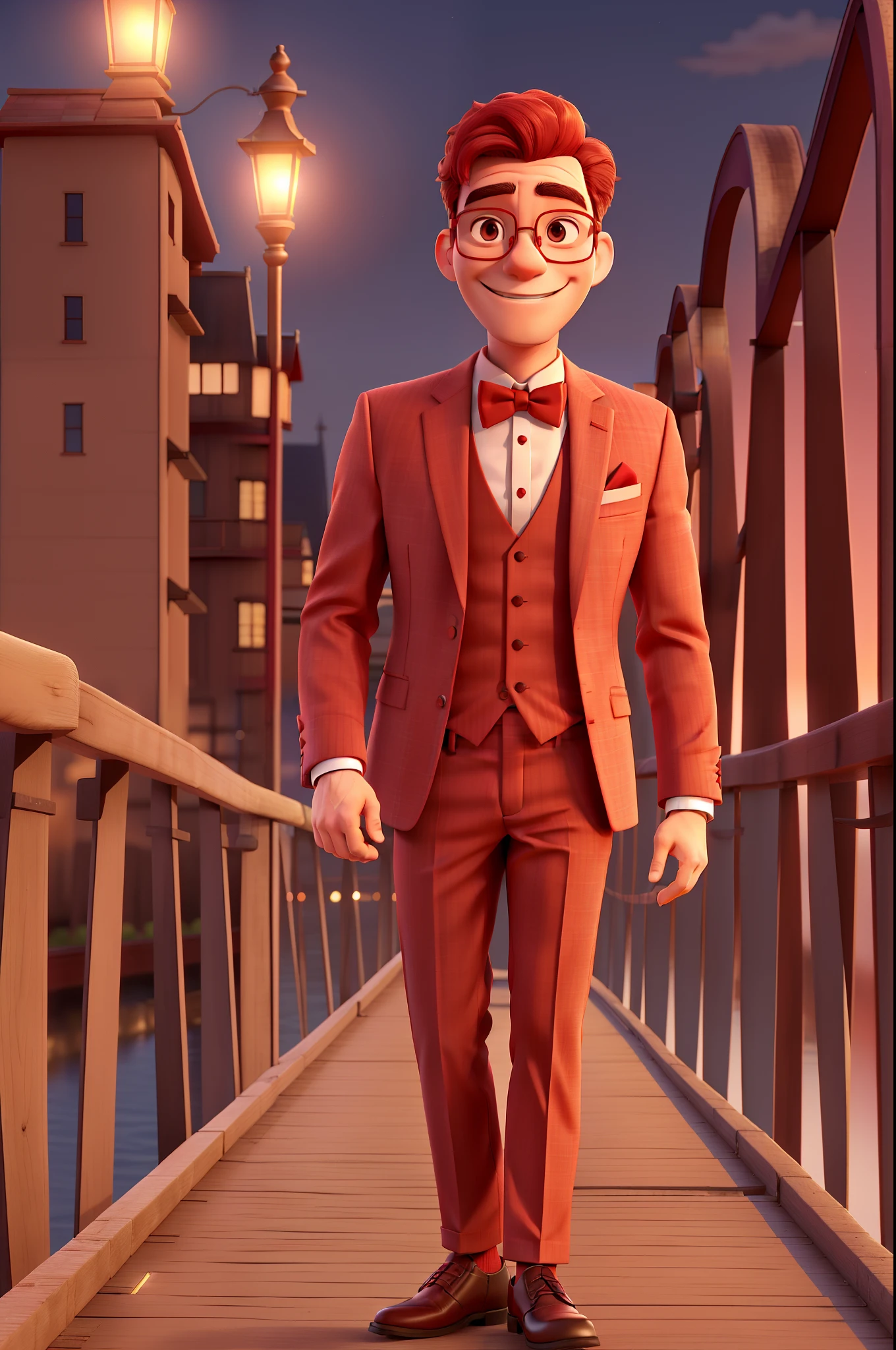The image features a man wearing a red suit and a bow tie, standing on a bridge at night. He is smiling and appears to be enjoying the moment. The man is wearing glasses, which adds to his overall appearance. The bridge he is standing on has a wooden structure, and the nighttime setting creates a serene atmosphere.