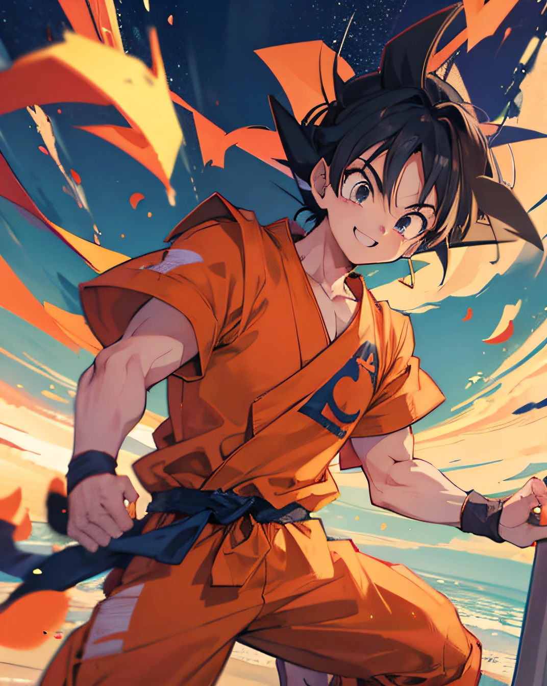 goku, smile, HD, high res, looking at viewer, high quality, with a pole