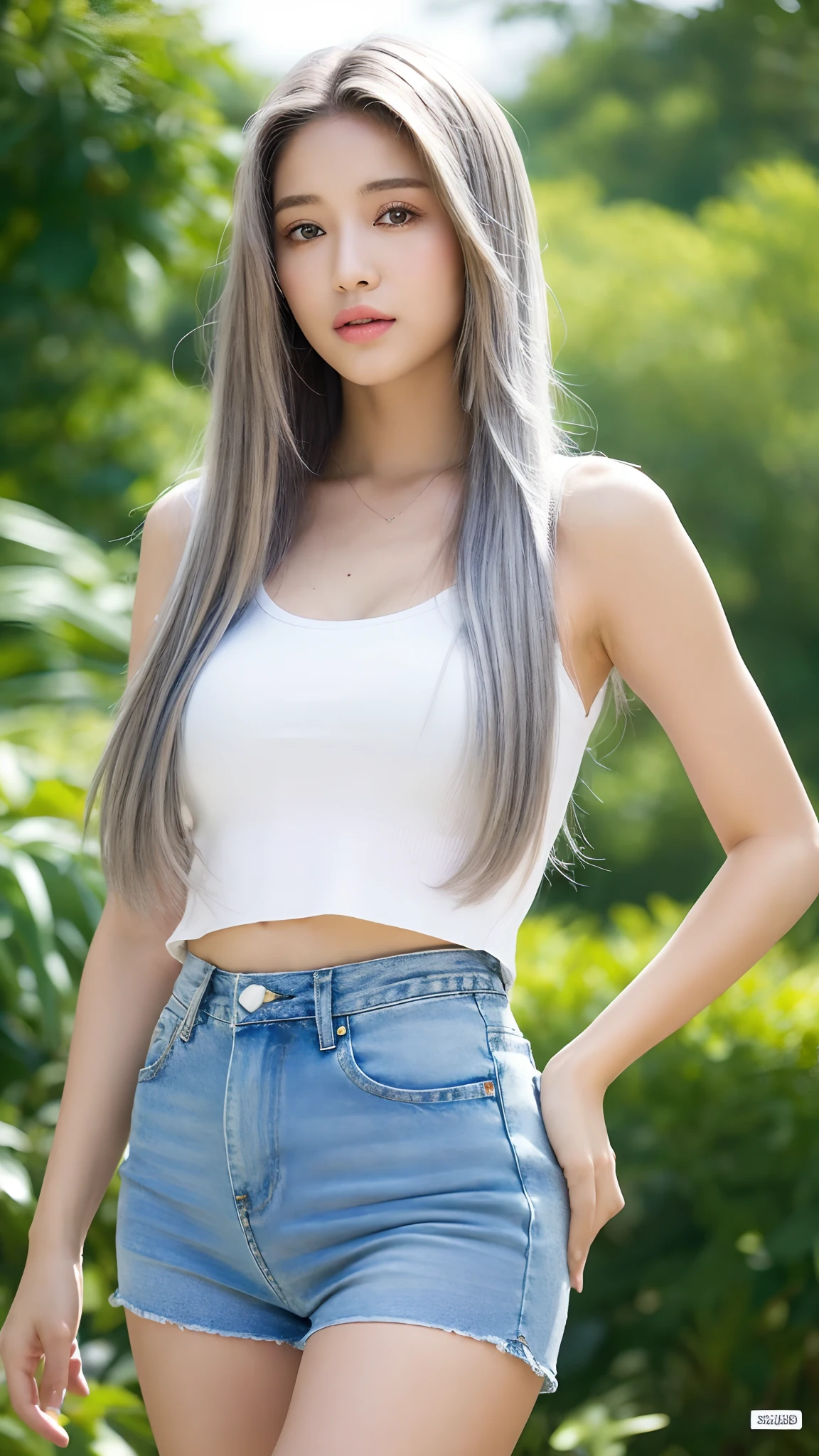 (melhor qualidade, high resolution:1.3), 1 menina bonita com um corpo perfeito, rosto e olhos super finos, long flowing silver hair, Vibrant Random Colors:1.2, usando shorts jeans curtos, com um peito grande, clivagem reveladora.