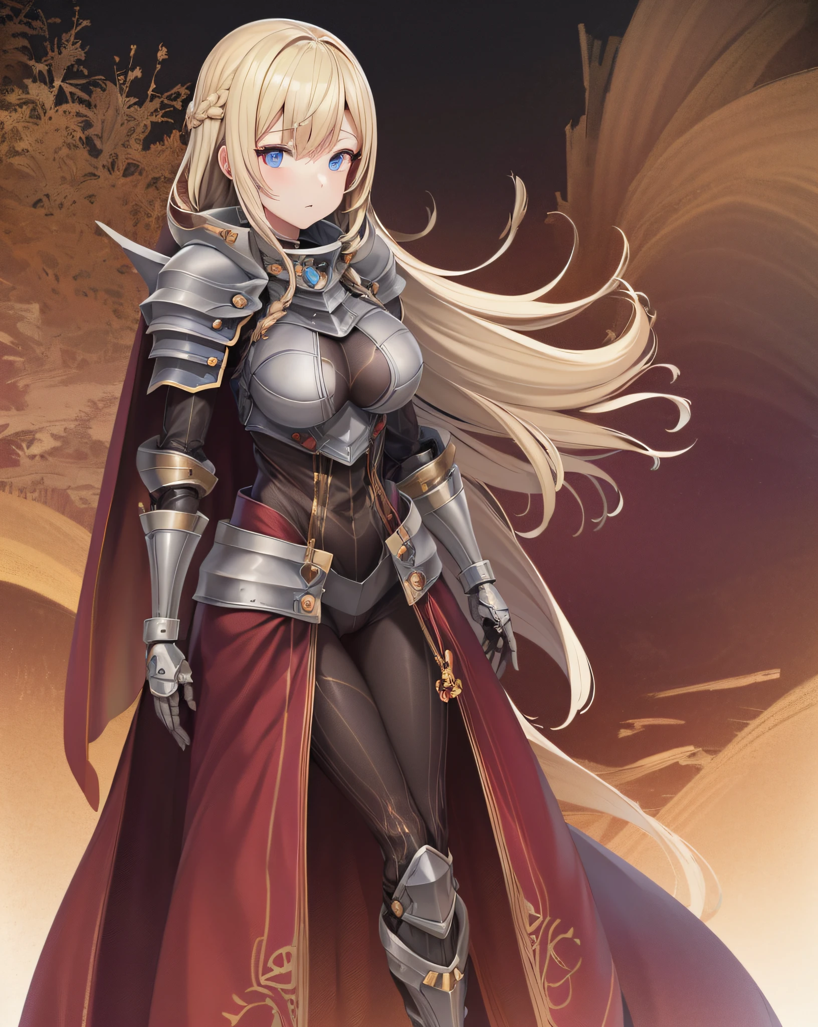 Best Quality, (masutepiece:1.2), Illustration, absurderes,
(1girl in, Solo),  (Beautiful detailed girl),
Ariane Road, a blond, Long hair, braid, Blue eyes, Large breasts, 
armor, knight, (Shoulder Armor, pauldrons:1.1), Falls, gauntlets, breastplates, (Black_body suit:1.3), pantyhose, Armored_long boots, greaves, Red waistcloak, Cape,
Calm, which are full of confidence, Looking at Viewer,
magical forest, Flowers, skyporn, Clouds