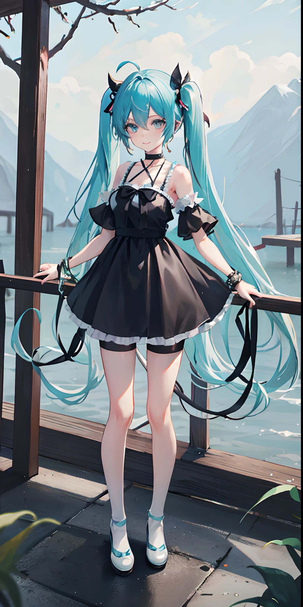 demon tail,butterflys,coda,bug,1girl in,Long whit hair,Beautiful dress,wristbands,Footwear,Hatsune Miku,The shirt,Choker,Black legwear,aqua hair,Bike Shorts,Solo,Blue butterfly,double tails,Black Choker,bangle,full body Esbian,a black ribbon,extra long hair,Tail decoration,jewely,Black bow,hair between eye,Ahoge,Oyuki,耳Nipple Ring,snow mountains,Tail bow,standing on your feet,ssmile,delicate legs,鎖骨,cropped shoulders,is shy,bow ribbon,Long gray hair,aqua eyes,Gradient Color,Delicate bow,White knee-length socks,looking at viewert。