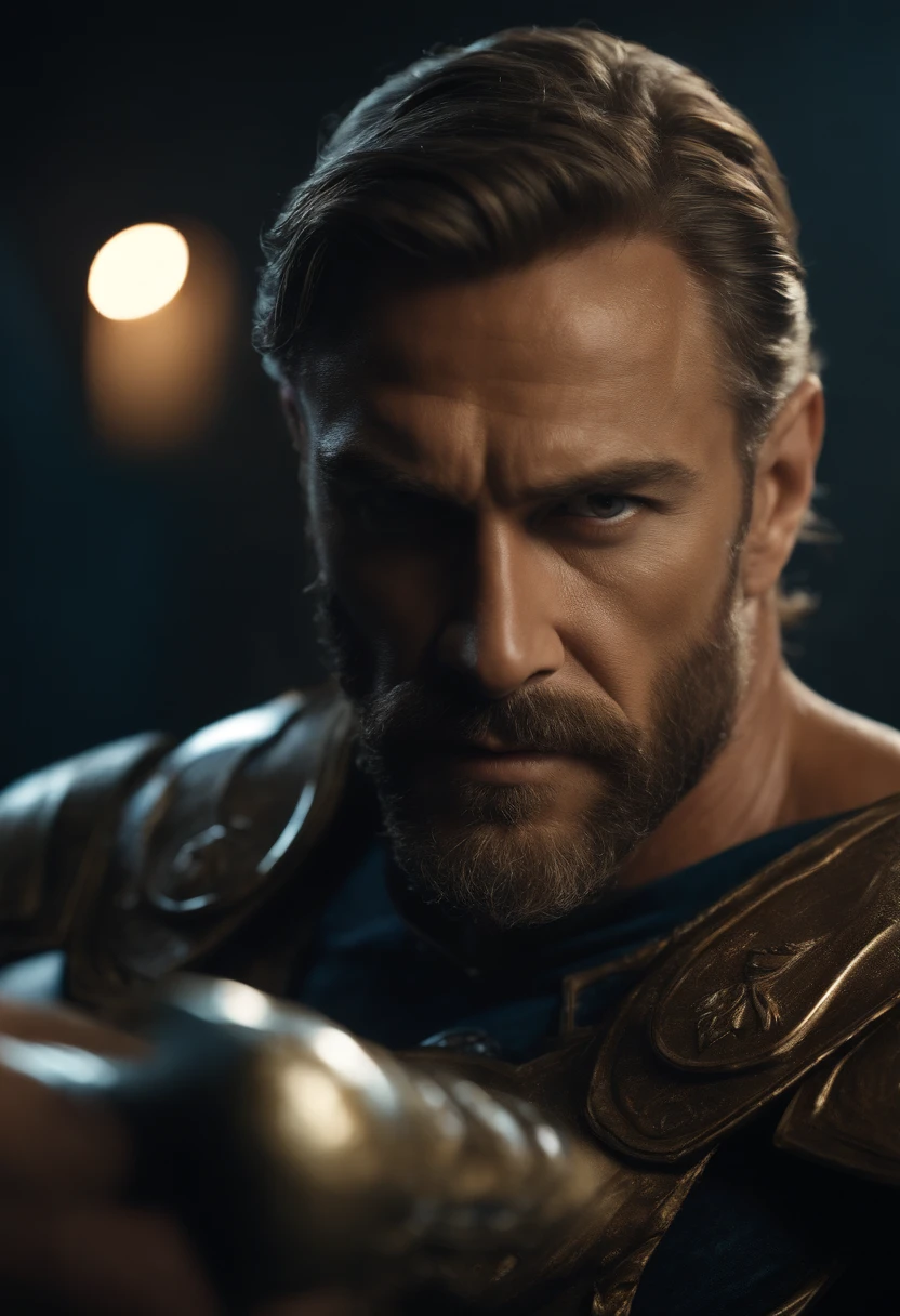 a close up portrait of Poseidon, looking directly into the camera with trident weapon in hand, light brown hair, lightly tanned skin, realistic ultra-detailed, muscular physic, sharp focus, square jaw, best quality, realistic detailed hair texture, realistic skin texture, sharp focus, front view, full body shot, dark blue light armor, high contrast, strong backlighting, action film dark color lut, cinematic luts,(ultra-realistic)masculine face, wrinkles, majestic.