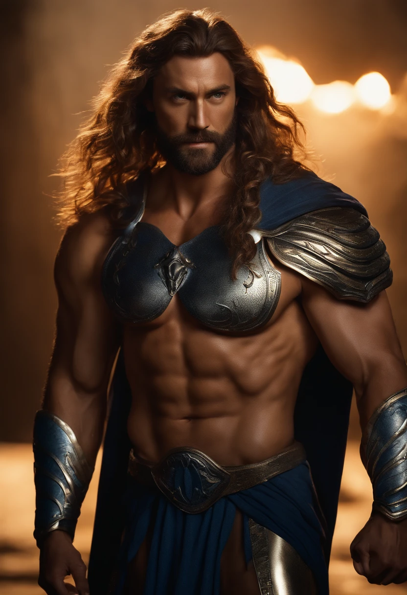 a close up portrait of Poseidon, looking directly into the camera with trident weapon in hand, light brown hair, lightly tanned skin, realistic ultra-detailed, muscular physic, sharp focus, square jaw, best quality, realistic detailed hair texture, realistic skin texture, sharp focus, front view, full body shot, dark blue light armor, high contrast, strong backlighting, action film dark color lut, cinematic luts,(ultra-realistic)masculine face, wrinkles, majestic.