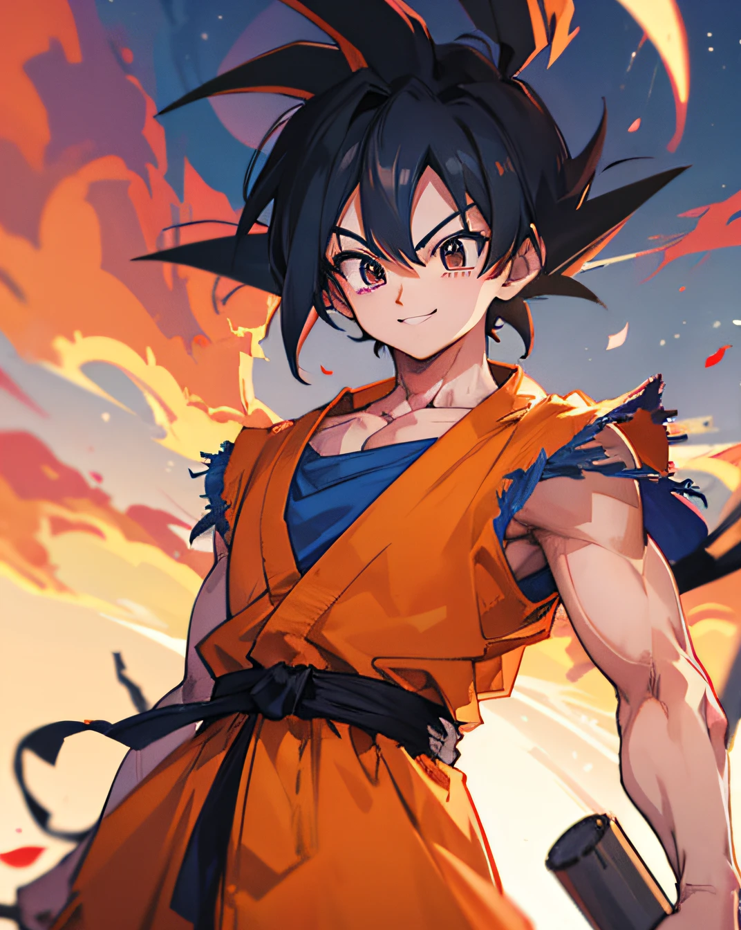 goku, smile, HD, high res, looking at viewer, high quality, with a pole