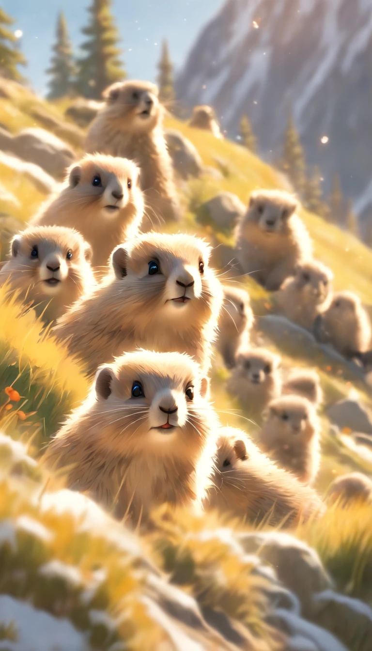 Many mountain marmots,highres,ultra-detailed,realistic,photorealistic:1.37,beautiful fur,curious eyes,playful poses,natural surroundings,scenic landscape,blurred background,vivid colors,soft daylight,green meadows,bushy tails,cute expressions,fuzzy ears,lively activity,high-altitude habitat,rocky terrain,peaceful atmosphere,snow-capped peaks,wildlife observation,precise textures,accurate anatomy,dynamic motion,carefully crafted illustrations,harmonious composition,detailed whiskers,masterpiece:1.2,bokeh,portrait