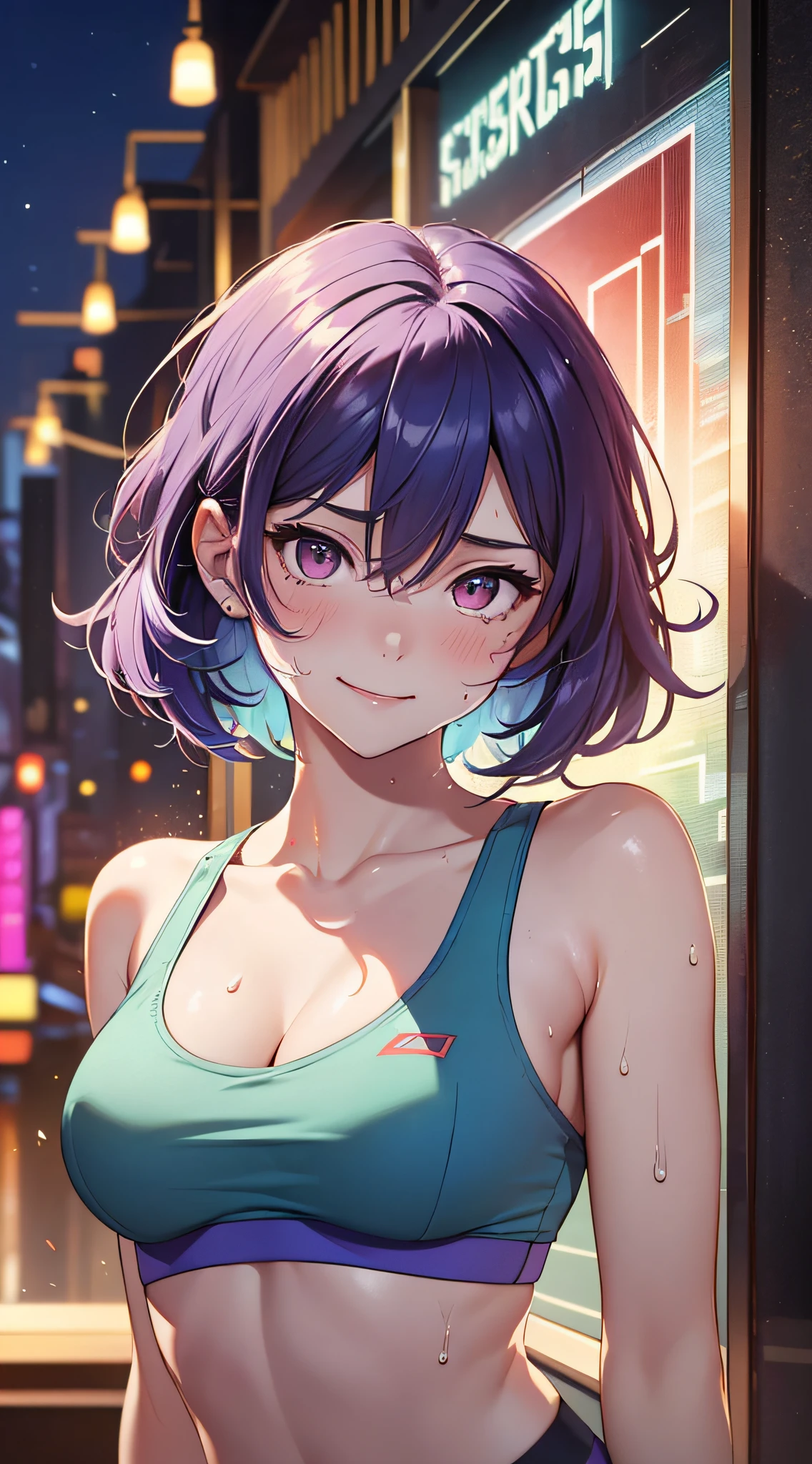 top-quality、Top image quality、masterpiece、girl with((18year old、Blue Sports Bra、Blue sports pants、Best Bust、Bust 90、Purple medium hair、Red Eyes、open chest wide、Valley、Happiness、A slender、ssmile,Sweating、Splattering sweat,posterior view))hiquality、Beautiful Art、Background with((nightclubs))、masutepiece、Elaborate design、visualart、