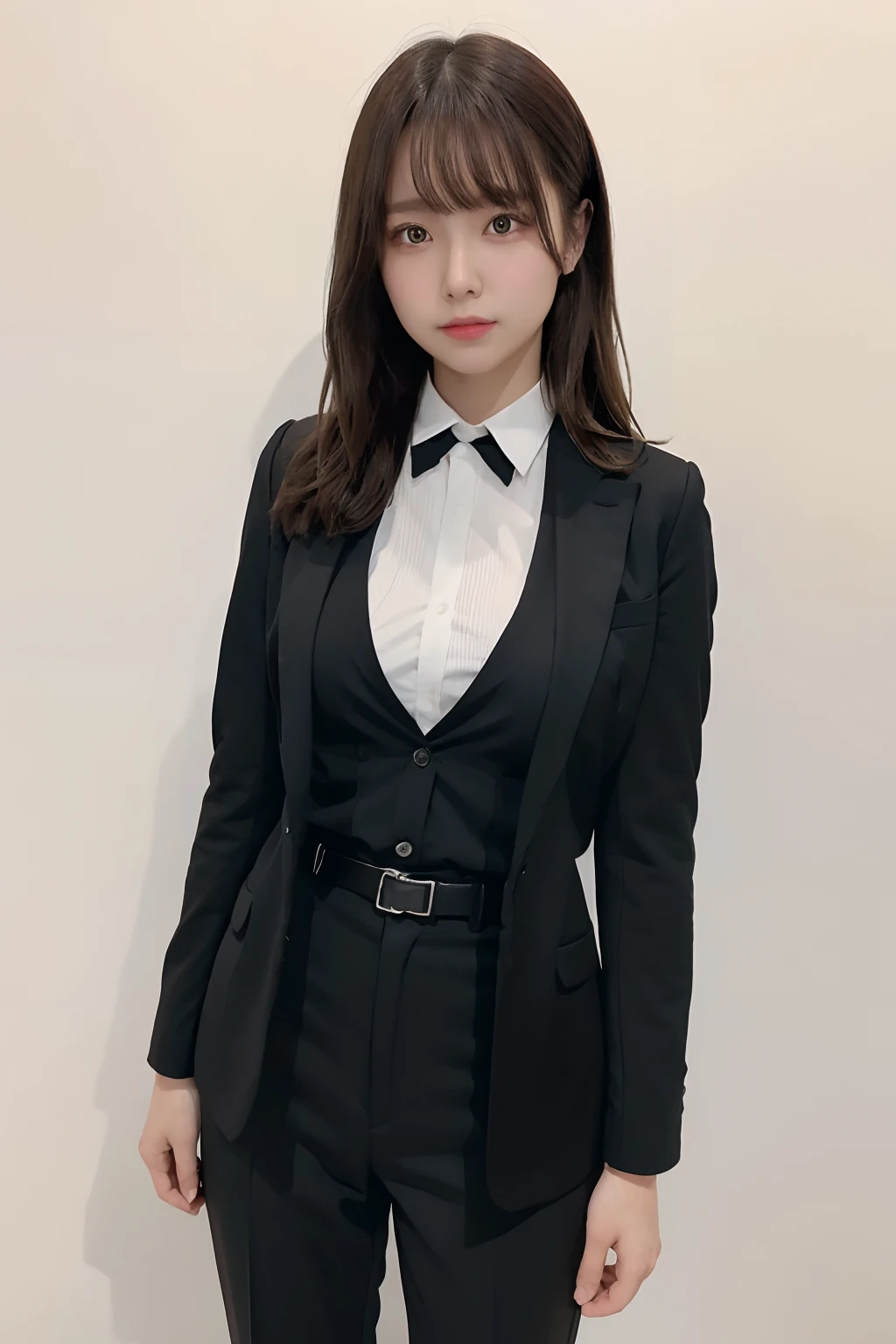 ​masterpiece、flat-colors、depth of fields、lens flare 1 girl、、Brown hair、watching at viewers　　　　a belt　black suspenders　Social OL　　　Too large breasts　　　 　 Armpit sweat　perspiring　Side of both hands　　walls: Black Suit　Black pants, Black jacket