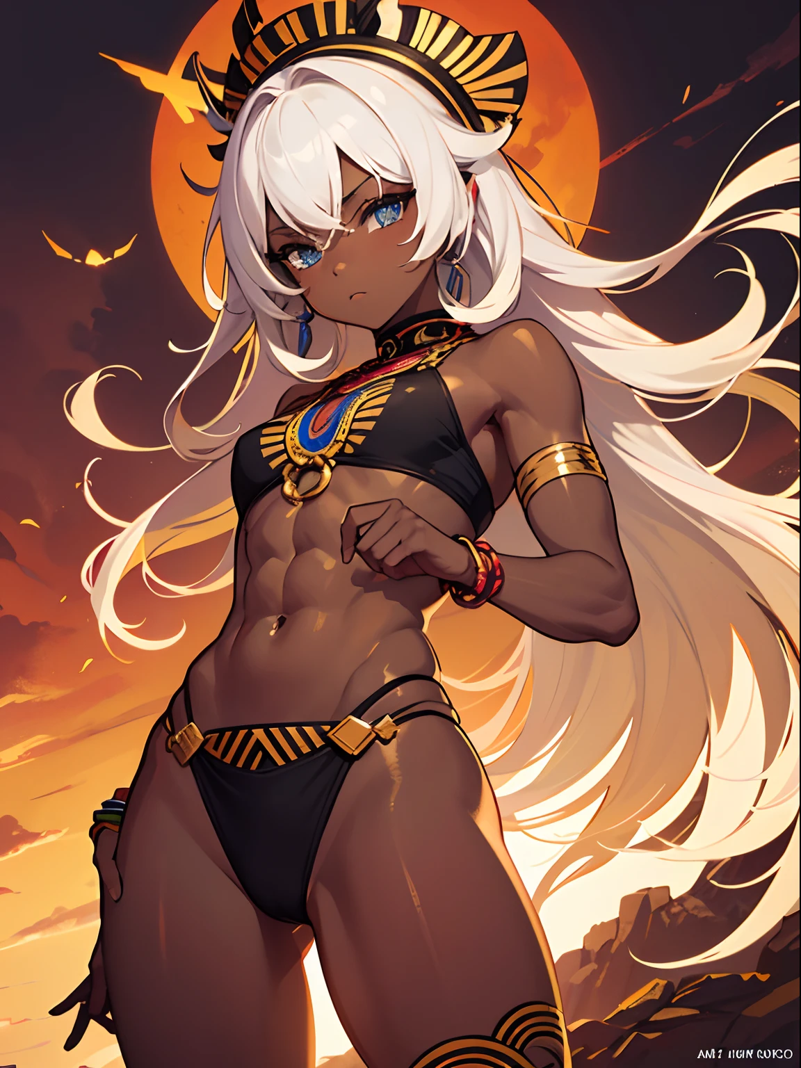 Ultra Detailed, ((1girl)), Official Art, Unity 8k ((masterpiece)), Wallpaper, fanart, commissioned art, professional artist, digital art, alluring, face, ((flat color)), ((celshade)), african ((tribal girl,)) tribal people, (dark skin), african race, (african tribe, african culture,) african skin, ((tribe warrior, fit body, buff girl)), silver hairs, (heroine), wavy hairs, long hair