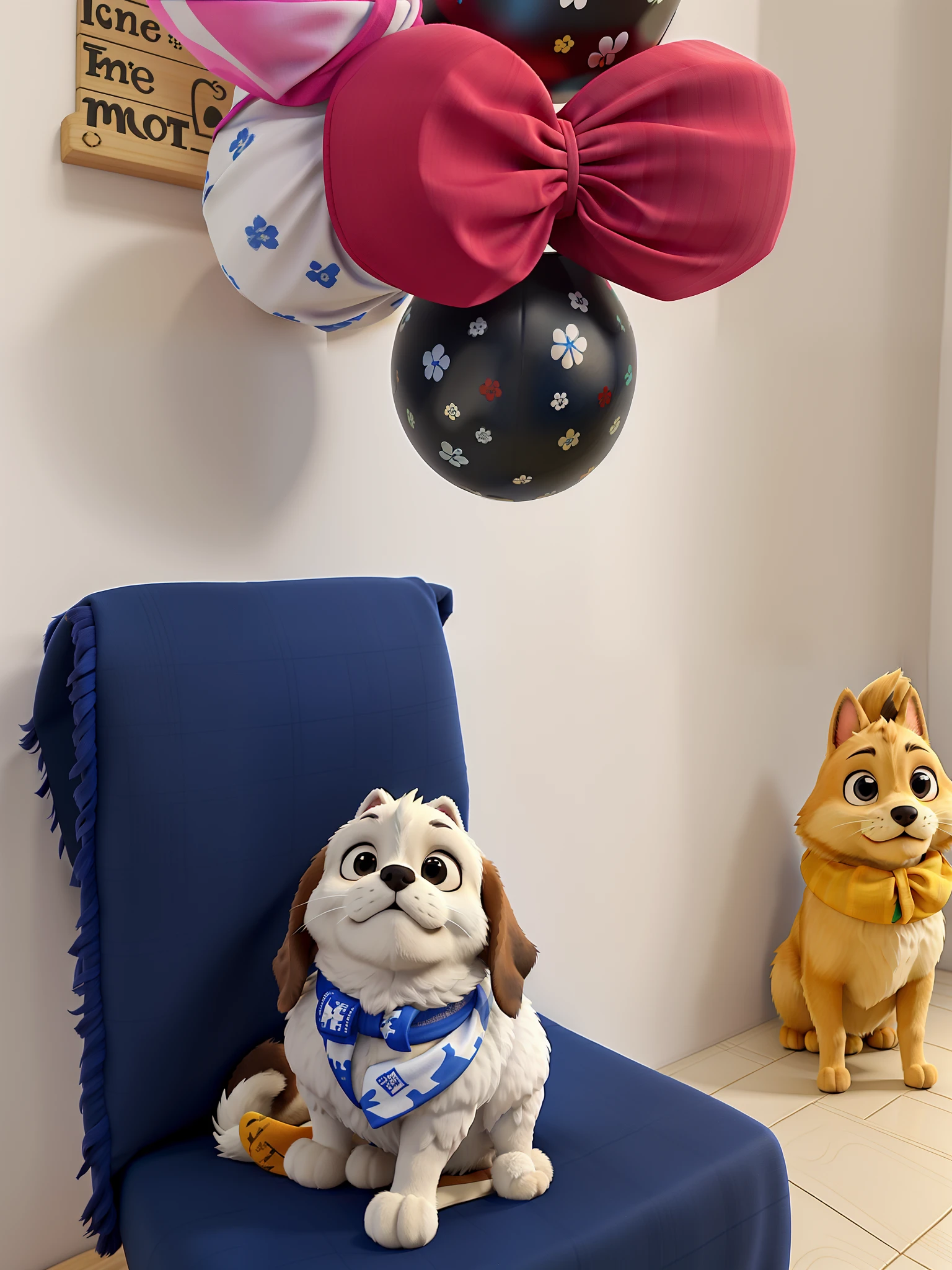 A shitszu dog, de cor branca e com uma bandana, sobre um fundo de cor azul.