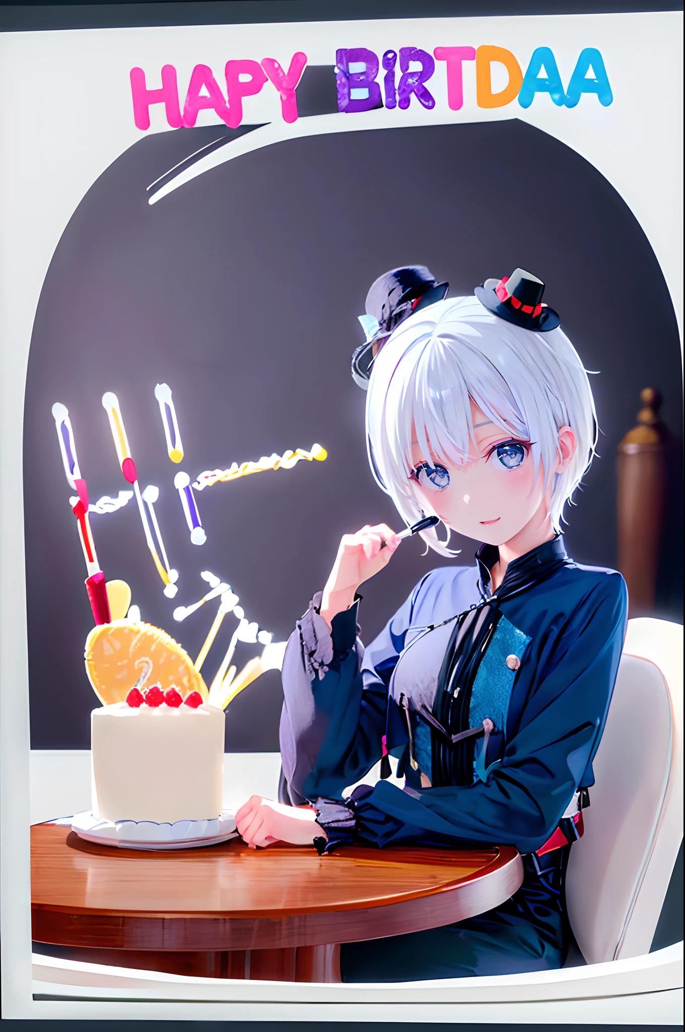 ((4K works))、masterpiece、(top-quality)、One Beautiful Girl、Slim body、tall、((Cool gothic fashion with long sleeve long pants))、((Wearing a triangular birthday hat))、(Detailed beautiful eyes)、In a stylish English room、Birthday Party、((Face similar to Carly Rae Jepsen))、((Short-haired white hair))、((Smaller face))、((Neutral face))、((Bright blue eyes))、((American adult women))、((Adult female 26 years old))、((cool lady))、((Like a celebrity))、((joyous expression))、((Korean Makeup))、((elongated and sharp eyes))、((Happy dating))、((boyish))、((Upper body photography))、Professional Photos、(((Shot alone)))、((Solo Photography))、((She is sitting at the table))、((There is a stylish birthday cake on the table.))