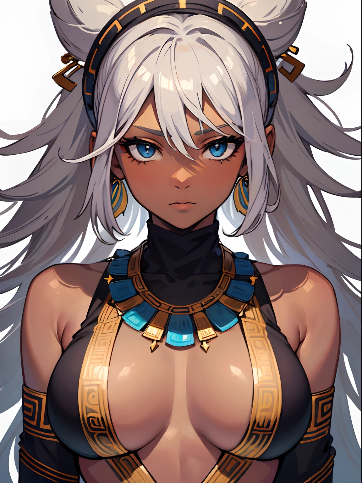 Ultra Detailed, big breast,((1girl)), Official Art, Unity 8k ((masterpiece)), Wallpaper, fanart, commissioned art, professional artist, digital art, alluring, face, ((flat color)), ((celshade)), african ((tribal girl,)) tribal people, (dark skin), african race, (african tribe, african culture,) african skin, ((tribe warrior, fit body, buff girl)), silver hairs, (heroine), wavy hairs, long hair