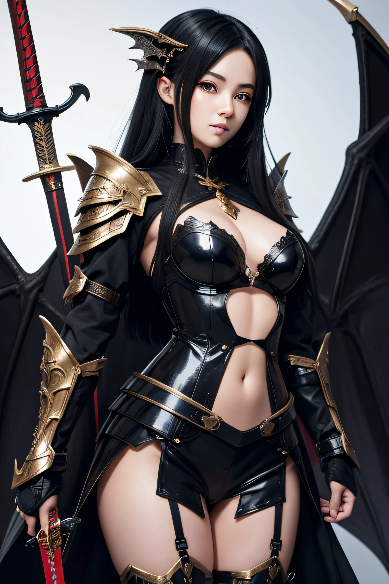 anime girl, black hair, using a sexy mini dragon armor with wings, holding a  long two handed sword, ultra detailed