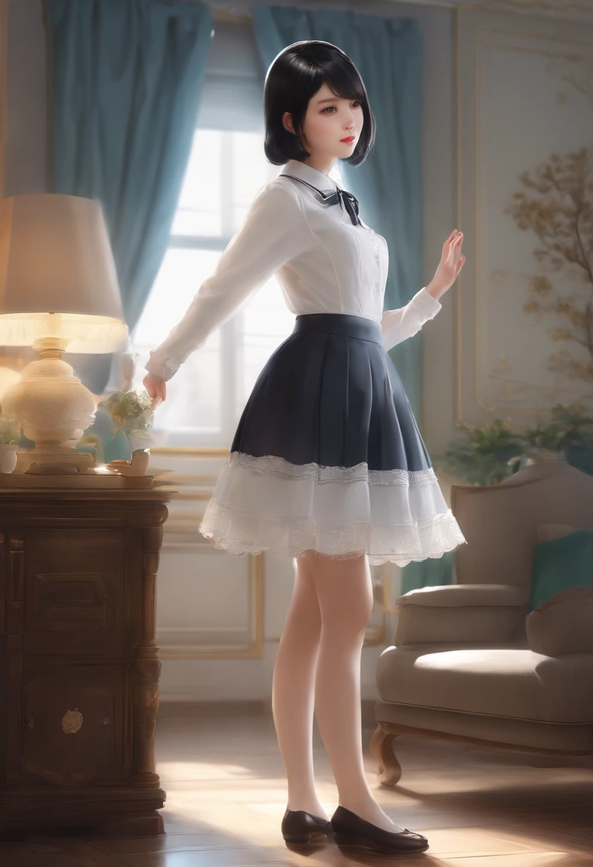 girl、Maids、Short black hair、embarrassed from、tucking up the skirt、White panties are visible