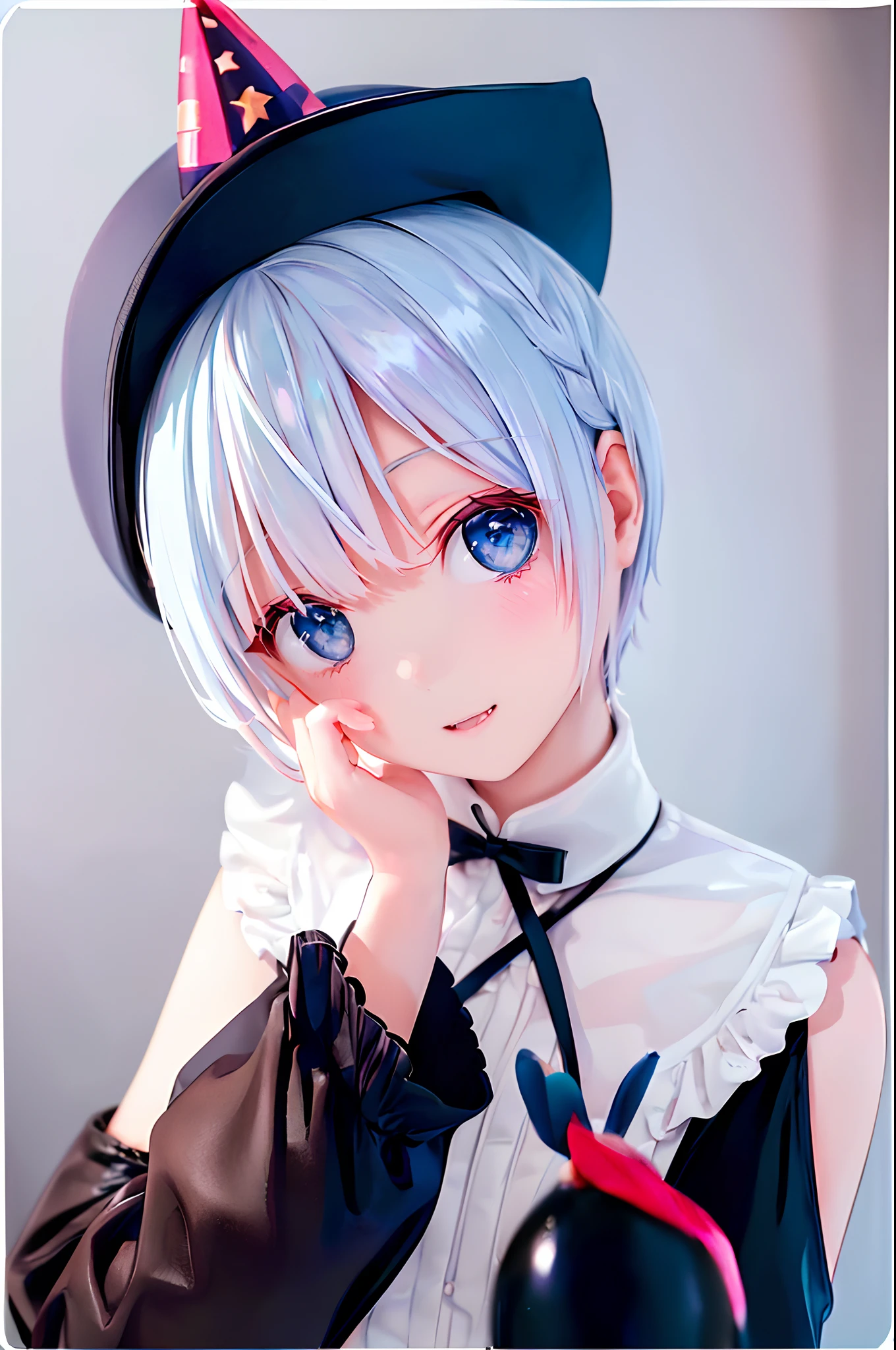 ((4K works))、​masterpiece、(top-quality)、One Beautiful Girl、Slim body、tall、((Cool gothic fashion with long sleeve long pants))、((Wearing a triangular birthday hat))、(Detailed beautiful eyes)、In a stylish English room、Birthday Party、((Face similar to Carly Rae Jepsen))、((Short-haired white hair))、((Smaller face))、((Neutral face))、((Bright blue eyes))、((American adult women))、((Adult female 26 years old))、((cool lady))、((Like a celebrity))、((joyous expression))、((Korean Makeup))、((elongated and sharp eyes))、((Happy dating))、((boyish))、((Upper body photography))、Professional Photos、(((Shot alone)))、((Solo Photography))、((She is sitting at the table))、((There is a stylish birthday cake on the table.))
