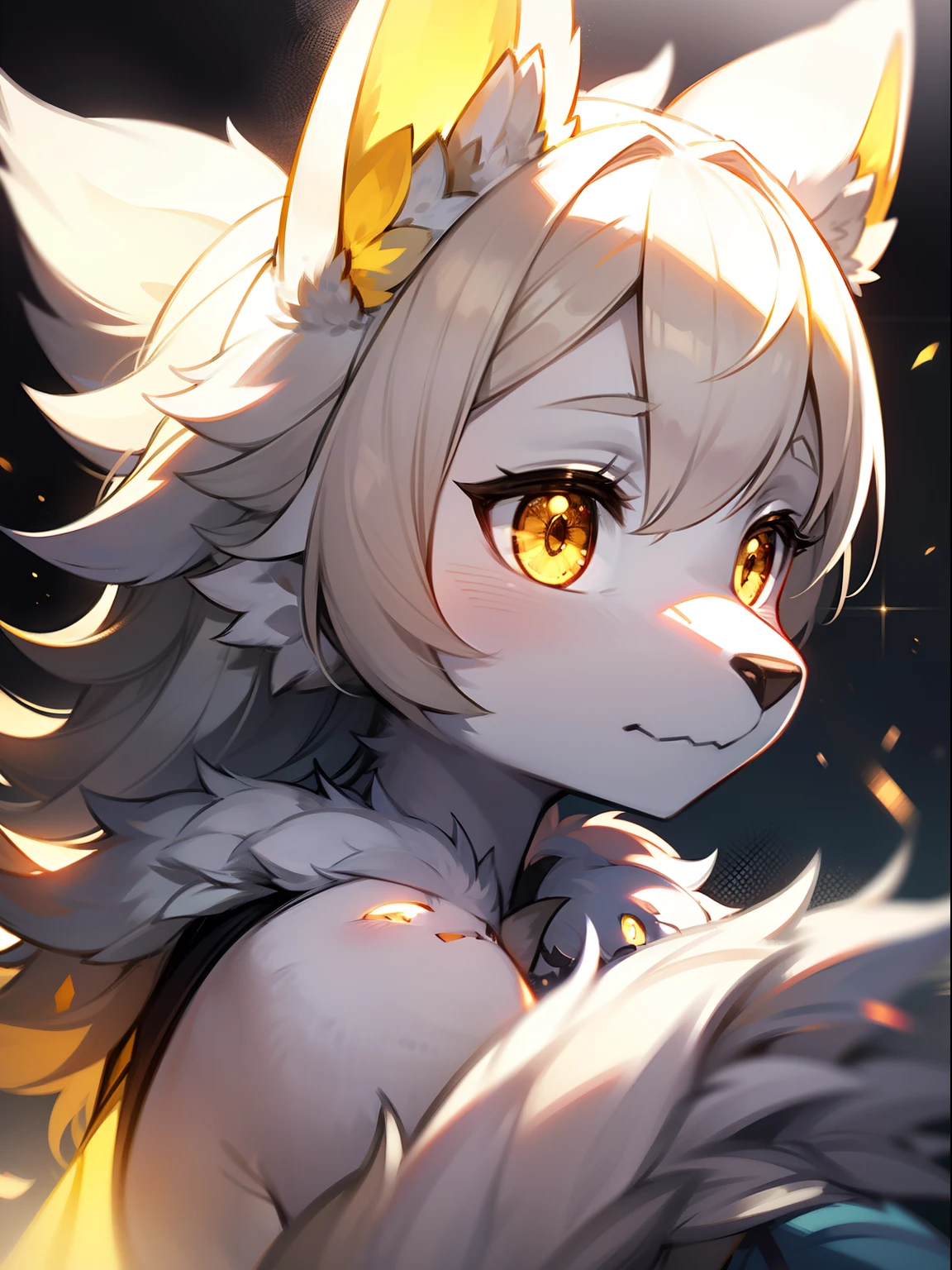 furry, white fur, ultra cute face, yellow elements on fur, beautiful lights and shadows, ambient light, ultra detailed fur, volumetric light, cute.