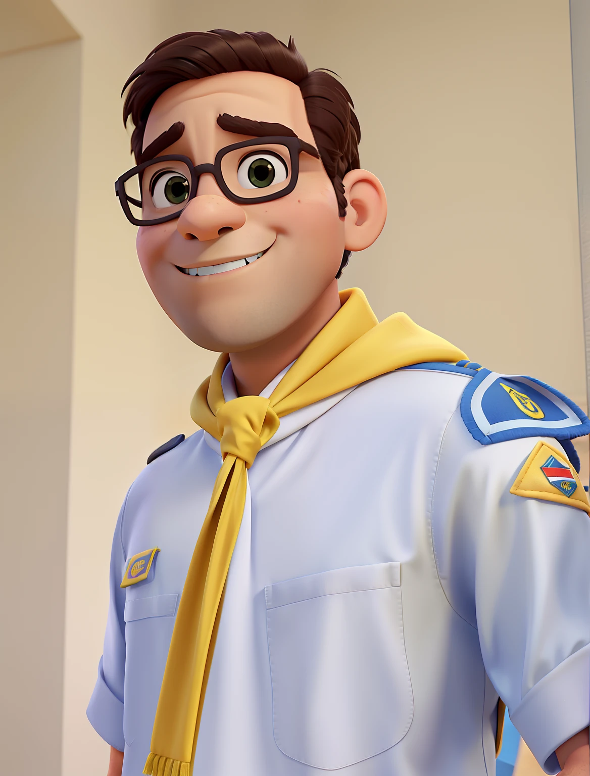 Um homem escoteiro, yellow Boy Scout scarf around the neck in Disney Pixar style, alta qualidade, melhor qualidade