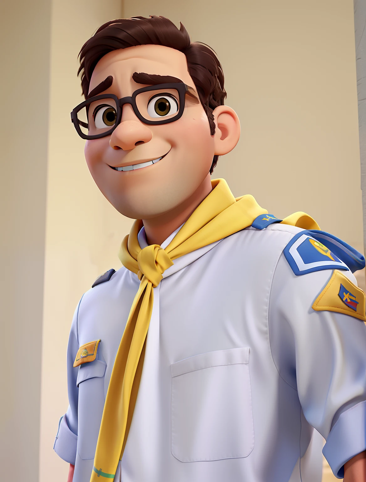 Um homem escoteiro, yellow Boy Scout scarf around the neck in Disney Pixar style, alta qualidade, melhor qualidade