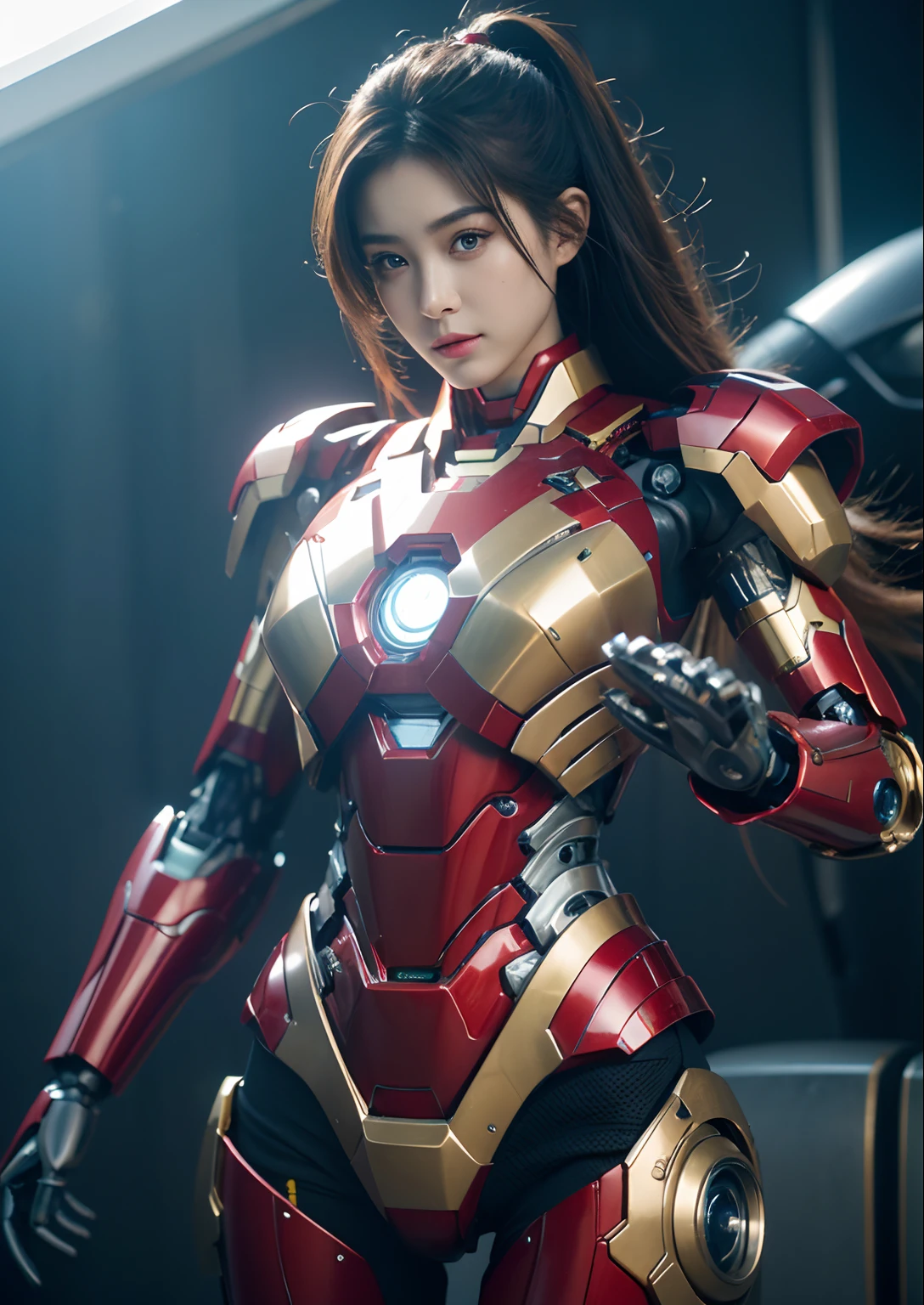 (1 girl:1.3), alone, __body parts__, official art, All-in-one 8k wallpaper, Superb details, beautiful and aesthetic, beautiful, Masterpiece, best quality, raw, Masterpiece, ภาพถ่ายbeautifulมาก, best quality, Ultra high resolution, Photorealism, sunlight, full body image, incredible beauty, dynamic gesture, (Facing the audience), delicate face, bright eyes, , woman, (Wear a futuristic red and gold Iron Man robot suit.), Very detailed abandoned warehouse background., detailed face, beautiful, milky white, Sharp focus, DSLR, High quality, Film texture, ผิวbeautiful, Photo realism, Lomography, A great metropolis in a dystopian future.,