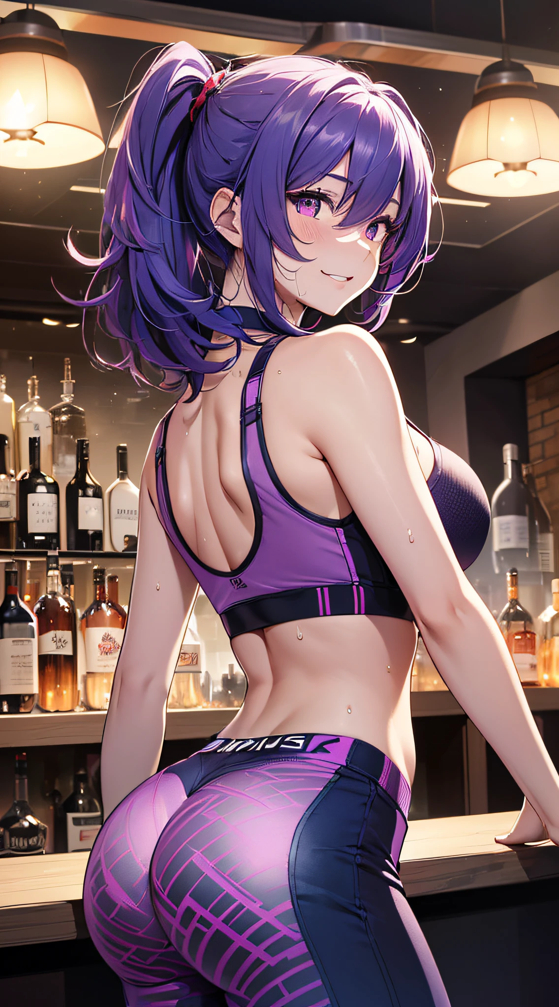 top-quality、Top image quality、​masterpiece、girl with((18year old、Blue Sports Bra、Blue sports pants、Best Bust、Bust 90、Purple medium hair、Red Eyes、open chest wide、Valley、Happiness、A slender、ssmile,Sweating、posterior view、Emphasis on the buttocks)）hiquality、Beautiful Art、Background with((nightclubs、Counter Bar))、masutepiece、Elaborate design、visualart、