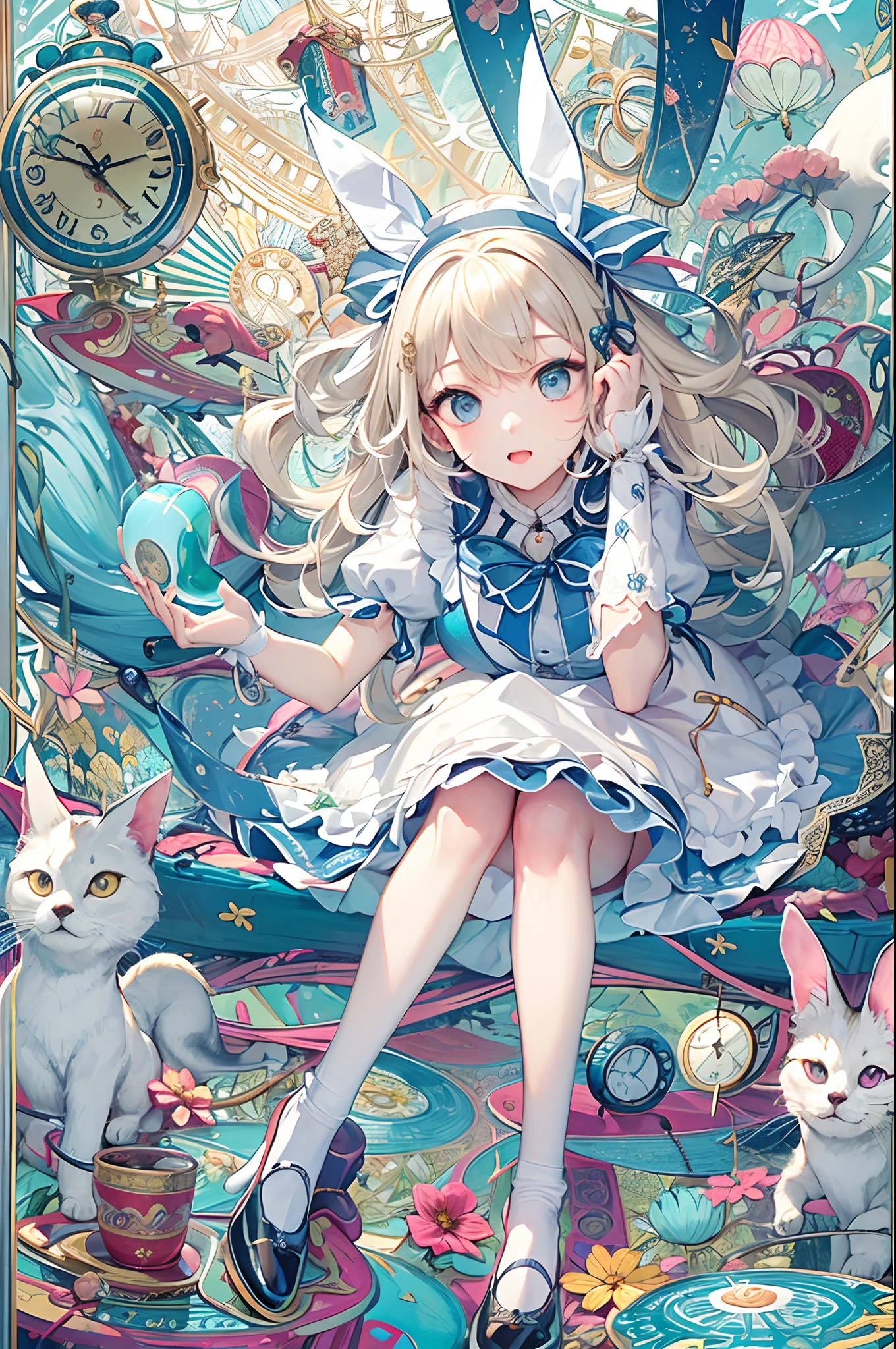 (masuter piece、top-quality、Mystical、Beautifully Aesthetic、offcial art、Impresionismo、von gogh:1.2)、(1 girl in:1.3)、(Fractal Art:1.4)、shinny skin、patterns、(alice in the wonderland:1.2)、(bunny rabbit、Siamese cat、PlayingCards、tea cup、pocket watch:0.8)、(Tie your hair with a ribbon、Blue Dress、a miniskirt、beauty legs、White Apron、white sock、platinum-blonde、Blue eyes)、Exotic wallpapers、highly colorful、Abstract background、Fantastical