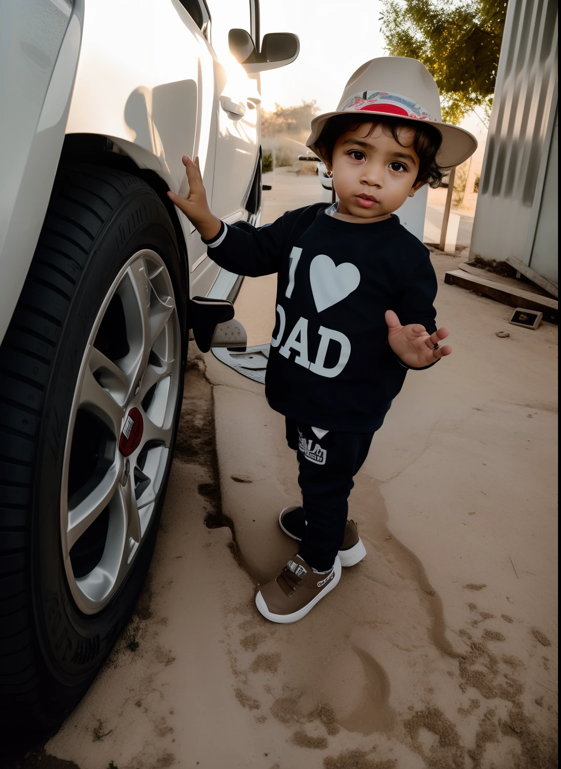 there is a little boy that is standing next to a car, riyahd cassiem, ???, cute boy, potrait, 2 years old, full body picture, i'm dad, 1614572159, with a kid, very very low quality picture, daddy, little ???, ??? a, amad, looking cute