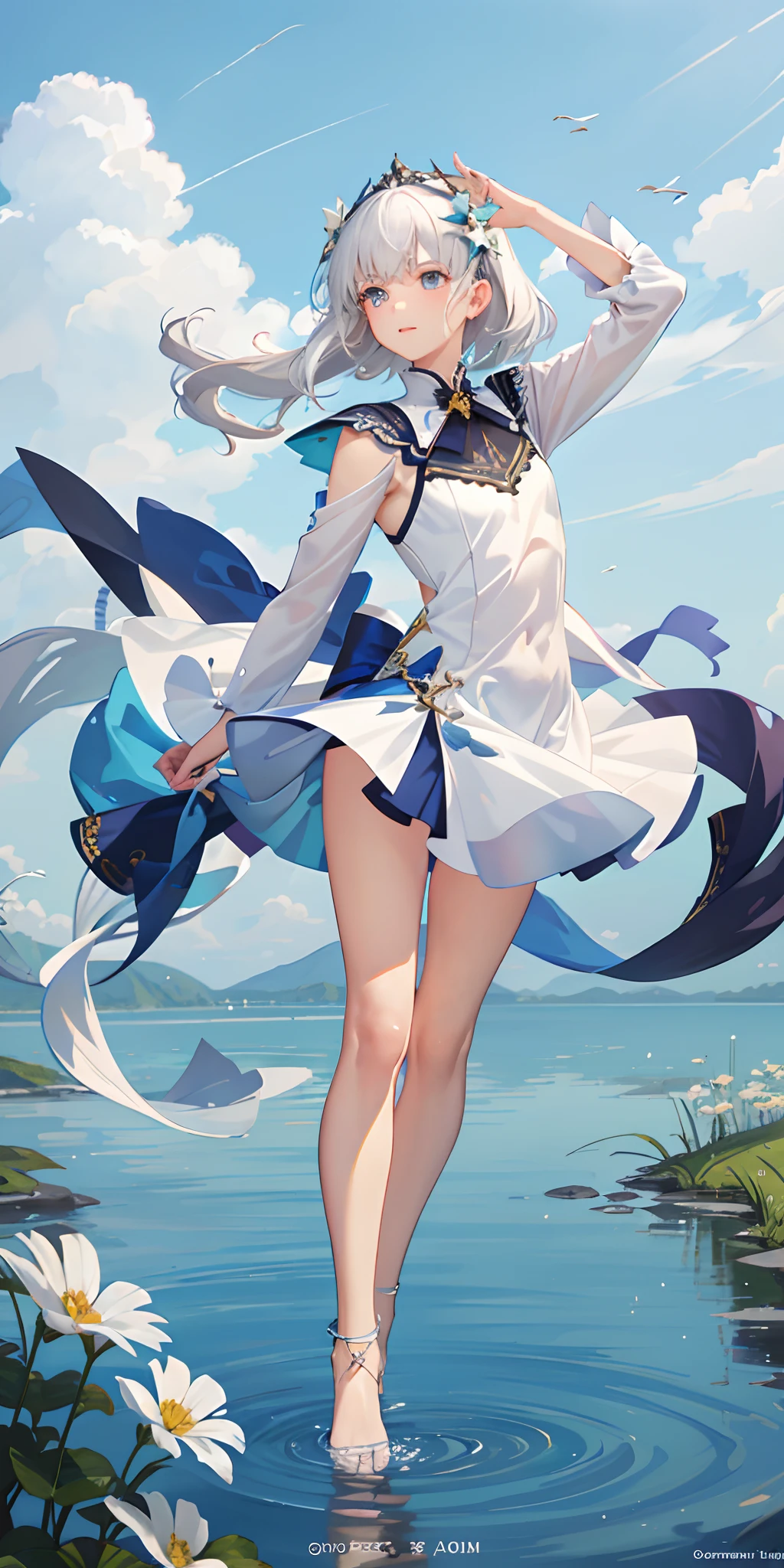 Top Quality, Full Body, High Quality Texture, Fine-grained, Realistic Expression of Face, Detailed Skin, Anime, Girl, Gentle Eyes, Sexy, Mixed, Model, Illustration, Portrait, Bust Up, WS, Semi-Real, Princess, Dress, White Dress, Mini Skirt, Fair Skin, Wind Flower, Grassland, Water Lake, Sun, Light, (Small), White Hair