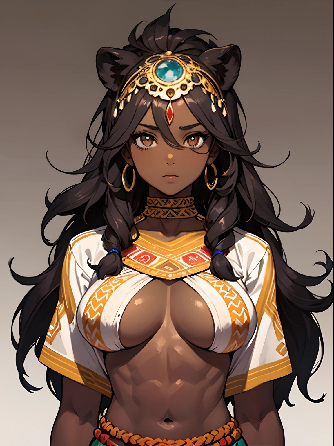 Ultra Detailed, big breast,((1girl)), Official Art, Unity 8k ((masterpiece)), Wallpaper, fanart, commissioned art, professional artist, digital art, alluring, face, ((flat color)), ((celshade)), african ((tribal girl,)) tribal people, (dark skin), african race, (african tribe, african culture,) african skin, ((tribe warrior, fit body, buff girl)), silver hairs, (heroine), wavy hairs, long hair, lion mane hair