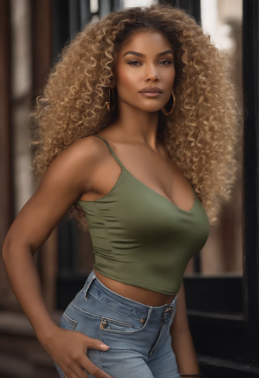 "Ultra-realistic image of a beautiful 21-year-old Afro-Latin girl,Caramel peel, corps parfait, forte poitrine, nez fin,Taille fine, cheveux blond, Curly curly hair karibean , Piercing light green eyes.hyper-realistic,anatomie correcte,Facial features are carefully represented,Boucles gratuites, curly blonde hair, (cour, curly blonde hair), Long curly wild blonde hair, cheveux multiversaux, cour, curly blonde hair, curly blonde hair, Boucles, wavy hair spread out, Boucles baroques, Boucles, Curly,Texture des cheveux, Curly bang,Photo ID wearing shorts and a sport bra standing sideways selfie shot