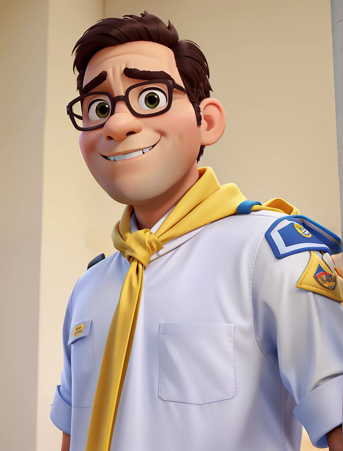 Um homem escoteiro, yellow Boy Scout scarf around the neck in Disney Pixar style, alta qualidade, melhor qualidade