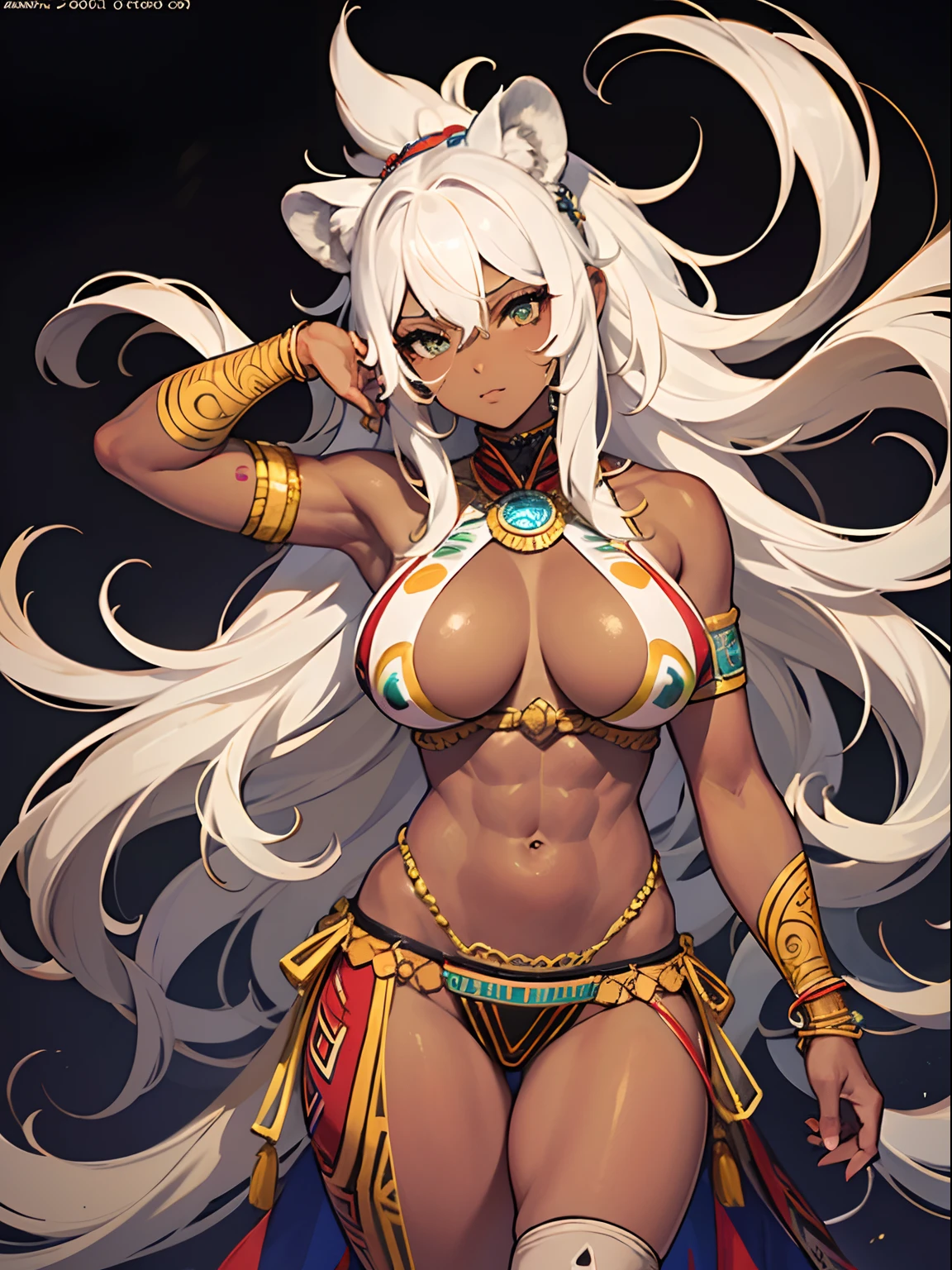 Ultra Detailed, big breast,((1girl)), Official Art, Unity 8k ((masterpiece)), Wallpaper, fanart, commissioned art, professional artist, digital art, alluring, face, ((flat color)), ((celshade)), african ((tribal girl,)) tribal people, (dark skin), african race, (african tribe, african culture,) african skin, ((tribe warrior, fit body, buff girl)), silver hairs, (heroine), wavy hairs, long hair, lion mane hair