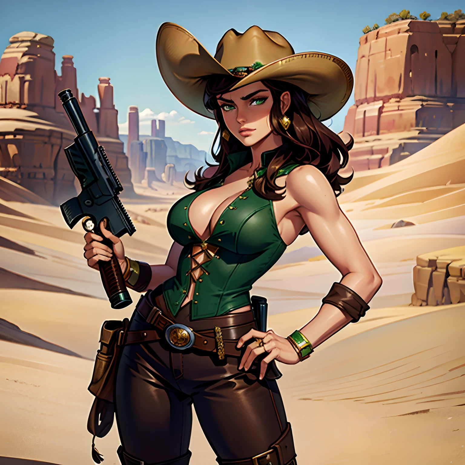 ((masterpiece)), ((8k resolution)), ((a cowboy girl)), with revolver in hand, desert, beautiful, brunette hair, green eyes, posing, sexy, cowboy clothes, brown clothes, long boots, dynamic pose, comic art style