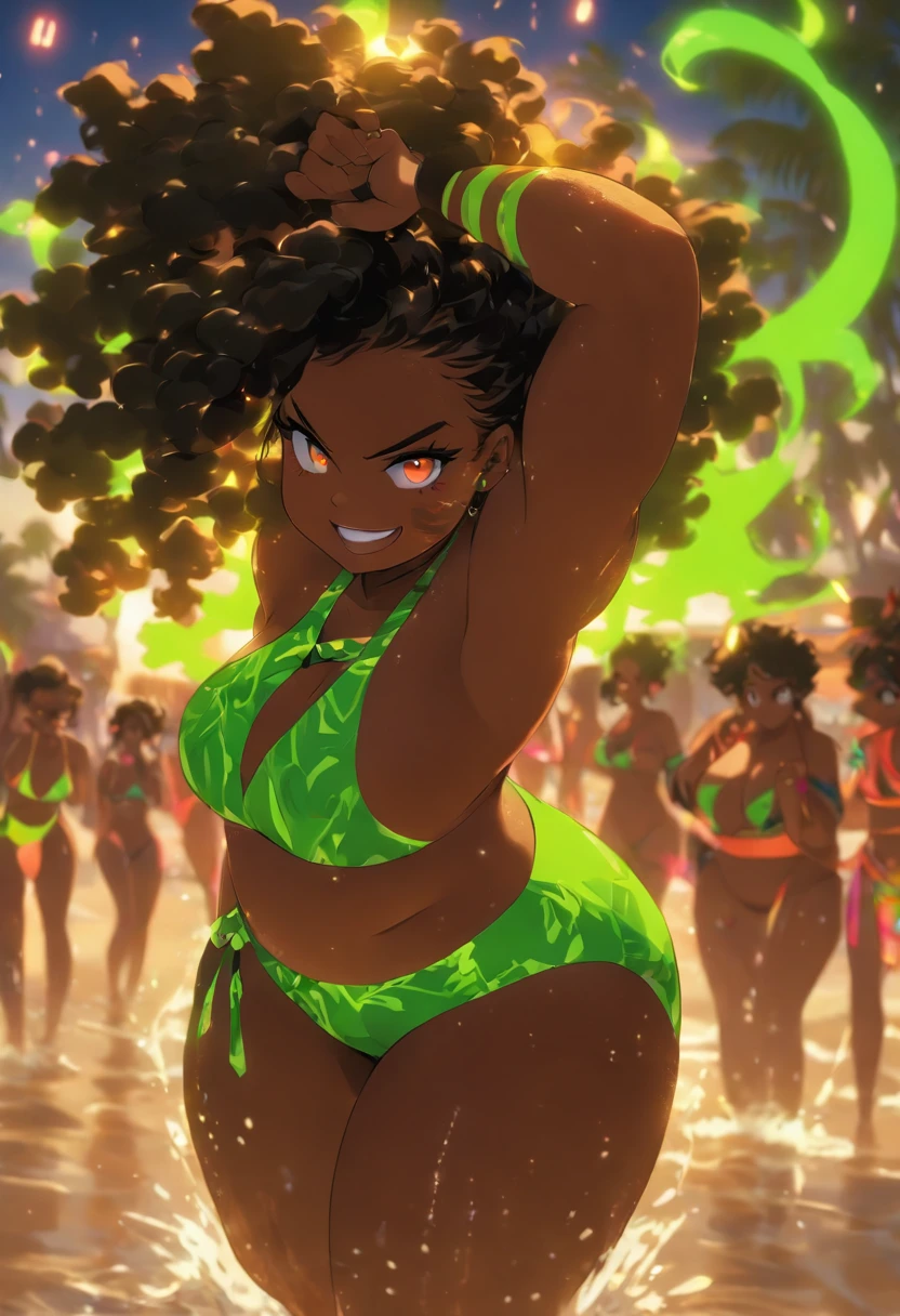 fat girl, obese girl, standing on a beach, shower, huge ass/thighs, sexy afro girl, black braids, ((wearing neon green bikini)), ((with very small boobs)) ((brown glowing eyes)), very light mocha skin, sexy flirty smile High resolution, wide hips