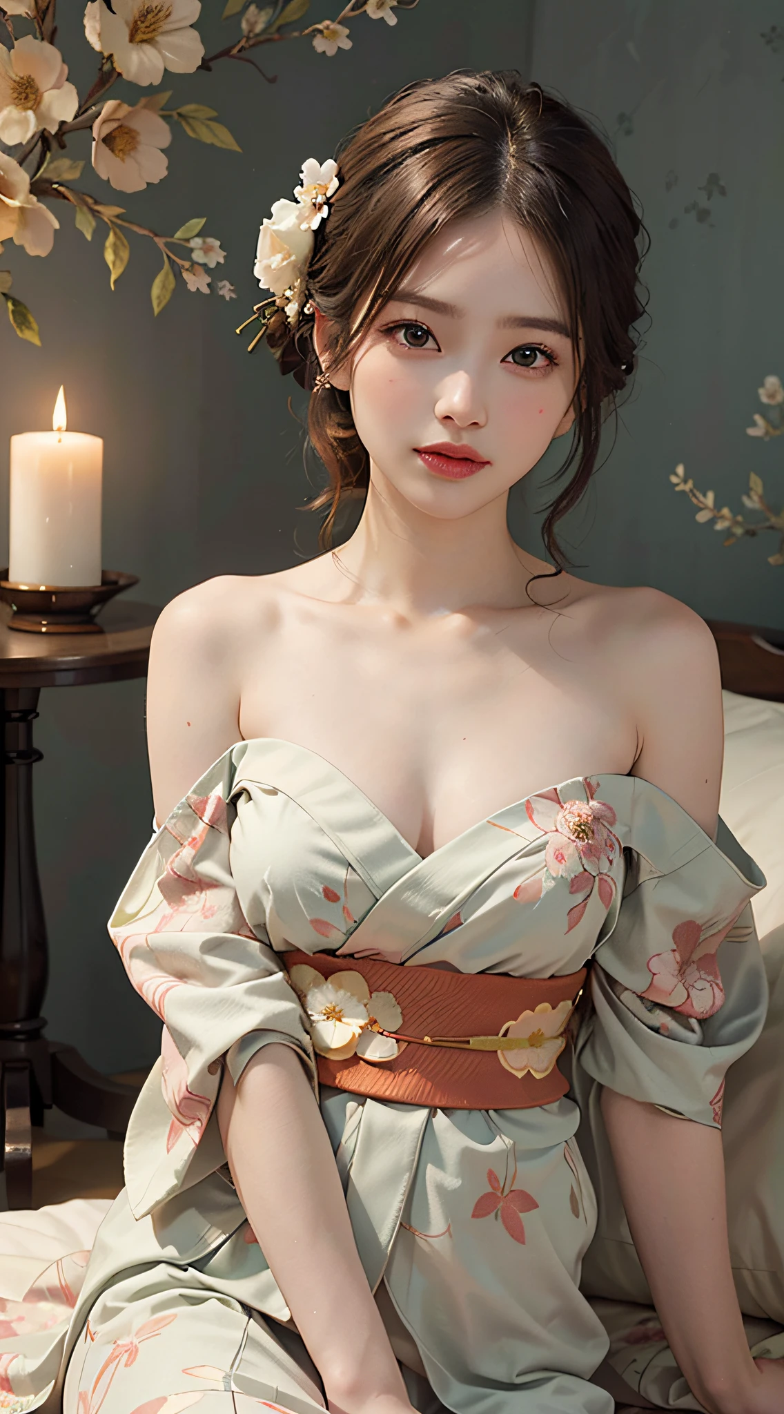 Updo hairstyle, 1girl, extremely beautiful, extremely cute, Amazing face and eyes, (big round eyes:1.15), very calm expression, (extremely detailed beautiful face), (Courtesan style beautiful and Cute floral kimono:1.5), (bare shoulders:1.3), (Best Quality:1.4), (Ultra-detailed), (Ultra realistic, photo-realistic:1.37), beautiful fair skin, extremely detailed CG unified 8k wallpaper, raw photos, professional photograpy, cinematic lighting, sitting, spread legs wide open, (groin groove, private part:1.2), Staring at me, (beautiful floral wallpaper), bedroom, futon, pillow, dark bedroom, candle lighting, peaceful atmosphere, (Courtesan style:1.4),