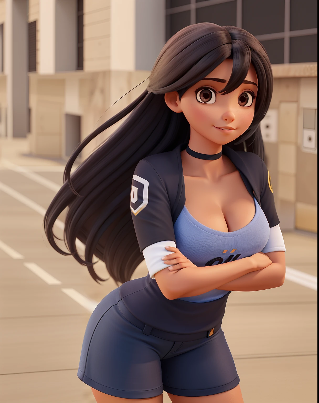 Um mulher morena, alta, olhos cor de mel, cabelo preto longo, com franja. Musculosa com roupa de jogaora de futebol