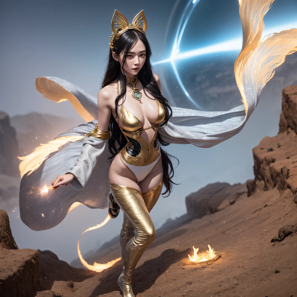 cinematic cgsociety，Flying Nine-Tailed Light Blue Sky Division Flame Long-haired Fox Star，een Erotica，Torch night black golden orange brocade silk snake print silk pants，Rouge diamond tulle sheer lizard-patterned leggings，Fat woman space fly in the snow，Front view，Pure transparency，Wear boxing gloves，Wear thick-framed reflective sunglasses with gold wire，Panorama ultra-wide angle，extremely happy，The texture of the real person is delicate，Strong visual impact，hyper-detailing，Dream girl，Refined face，prettyeyes，Hair strands float in the air， cherry Models，Zhou Xiaotong，crystal-clear，Good sense of perspective，Light and shadow effects，16K smooth，Surface reflected light,，Tropical canyon battle scene、Chinese big breasts、Quaint、three kingdom、ember、100 people、Telephoto vista（CG）、Intense CG battles、high detal、masuter piece、NSFW，Multi-layered long-sleeved gauze garment，Quick-dry vest，Linen sweater，Crocodile skin cape，golden shoulder pads, Silver hammer pattern cape, Burgundy body hair，Water vapor female spy，Shower buttocks green fruit milk jelly flat chest，Pine silk fish net knee brace space dance，Hexagonal prism，Put on a pineapple knife sprinkled with gold，extremely happy，Boundy winter rain（Tropical canyon battle scene）（（Scenes））(Extremely detailed Cg Unity 8K wallpaper,Masterpiece, Best quality, Ultra-detailed)He played Huang Yaoshi in the movie，