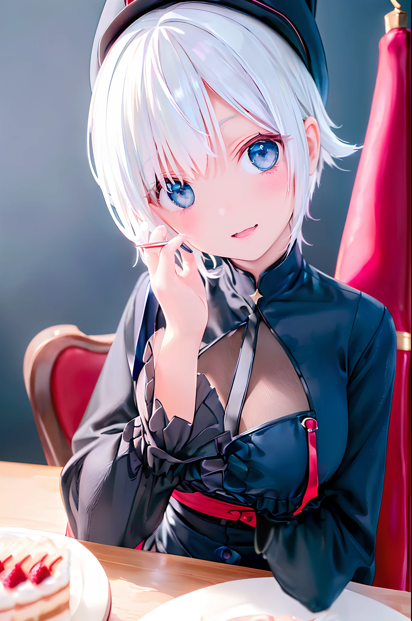 ((4K works))、masterpiece、(top-quality)、One Beautiful Girl、Slim body、tall、((Cool gothic fashion with long sleeve long pants))、((Wearing a triangular birthday hat))、(Detailed beautiful eyes)、In a stylish English room、Birthday Party、((Face similar to Carly Rae Jepsen))、((Short-haired white hair))、((Smaller face))、((Neutral face))、((Bright blue eyes))、((American adult women))、((Adult female 26 years old))、((cool lady))、((Like a celebrity))、((joyous expression))、((Korean Makeup))、((elongated and sharp eyes))、((Happy dating))、((boyish))、((Upper body photography))、Professional Photos、(((Shot alone)))、((Solo Photography))、((She is sitting at the table))、((There is a stylish birthday cake on the table.))