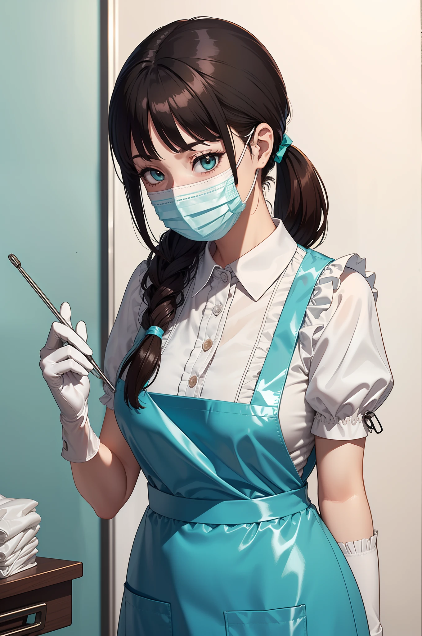 Human skin feel、Realistic Woman、Dental Hygienist,dentist, ((Mint Blue、Collared nurseswear、puff sleeves、No ribbon、No exposure、shortsleeves、Rubber material))、((with frills、Long length、Apron Dresses、Rubber material)), ((long gloves in white、Rubber material)) Brown hair、poneyTail, ((maior、surgical mask、Rubber material、Cover up to the nose)) ((Background of the dental treatment room)), Plump woman、With keen eyes, 30-years old, Best Quality, masutepiece、Dental Clinic Theme、Holding a dental drill in your hand,dominant、sadistic、