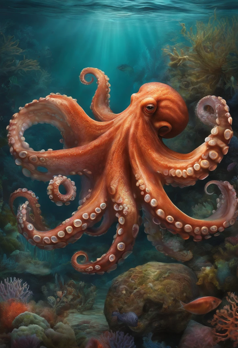 Progressive Cover Albums, A curious oil painting depicting the underwater habitat of an octopus and its mysterious charm, coral, sorcerer