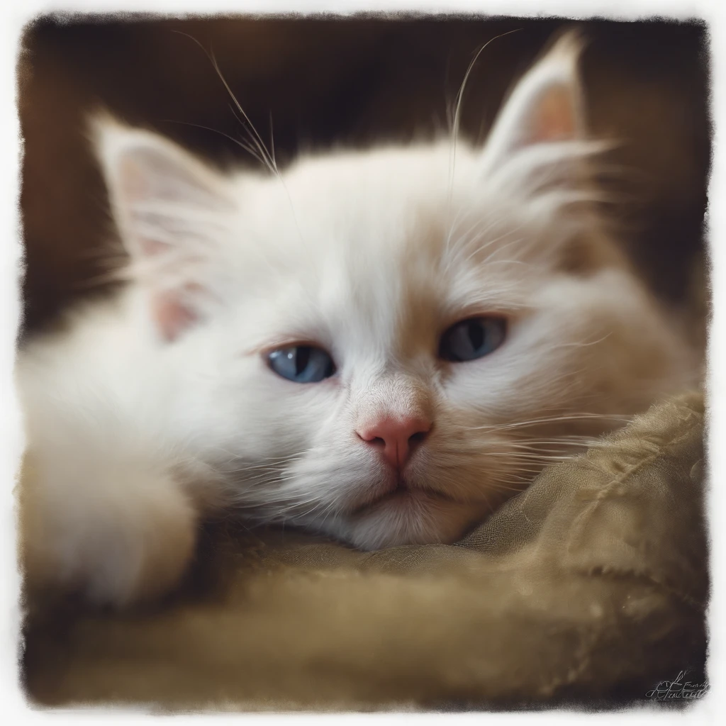 (Best quality, A high resolution),Sleeping curled up white kitten,Adorable,Fluffy,fine art,Realistic,with its soft fur,Peaceful,cozily,Meticulous details,Beautiful beard,Small paws,serene,comfortable,Quiet,blissful,Vivid colors,Gentle lighting