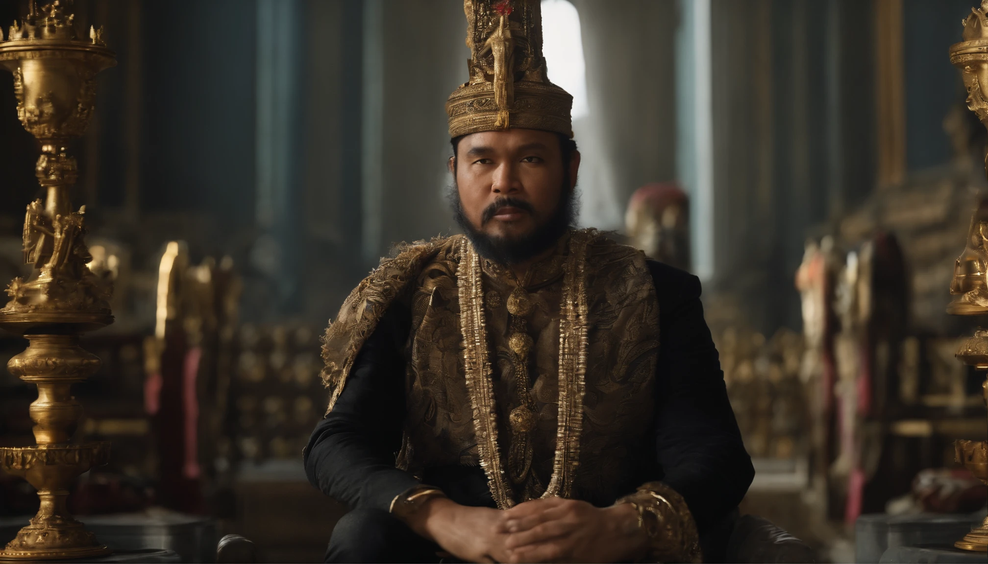 Describe King Prabu Siliwangi of West Java, standing tall in his regal attire, with his enchanted keris in hand, overlooking the vast expanse of his kingdom, cinematic, realism, crystal clear, micro-details, photorealism, photorealistic