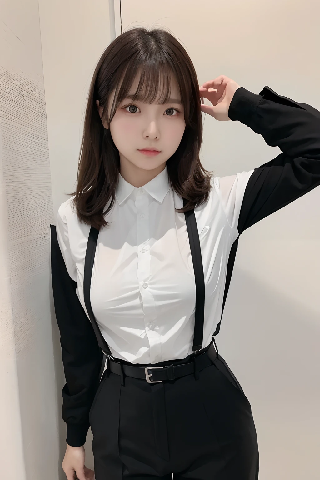 masterpiece、flat-colors、depth of fields、lens flare 1 girl、、Brown hair、watching at viewers a belt black suspenders Social OL Too large breasts Armpit sweat perspiring Side of both hands walls: Black Suit Black pants, Black jacket
