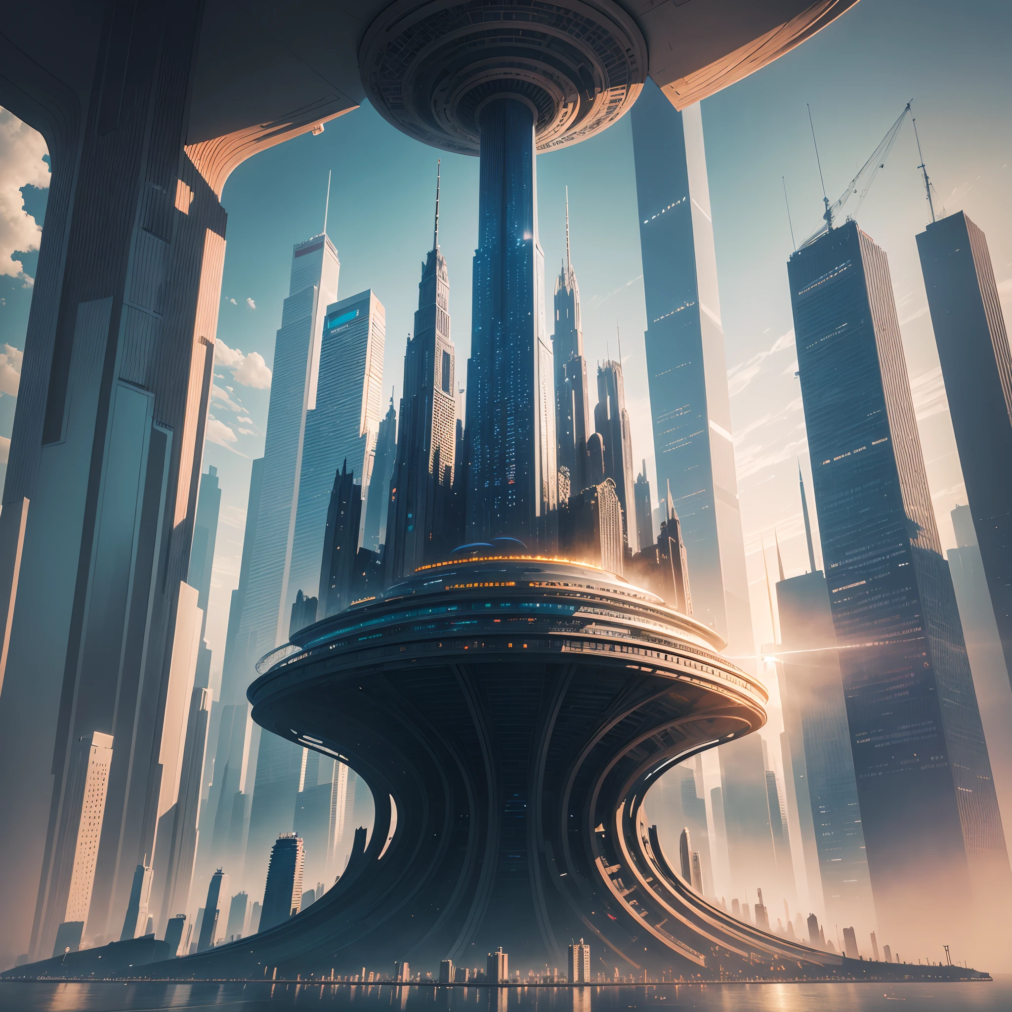 (best quality,4k,8k,highres,masterpiece:1.2),ultra-detailed,realistic,cityscape,futuristic skyline,skyline of glass skyscrapers,utopia,beyond human imagination,unique architecture,high-tech buildings,amazing landscape,unbelievable cityscape,hyper-realistic rendering,futuristic city,sci-fi,floating buildings,impressive view,glowing lights,high-rise towers,giant Ferris wheel,extravagant structures,towering buildings,transcendent world,stunning design,awe-inspiring scenery,otherworldly atmosphere,cosmic elements,grandiose metropolis,space opera ambiance,imaginative masterpiece,thriving city,urban utopia,illuminated streets,stellar backdrop,limitless future,advanced technology,unrealistic height of buildings,spectacular sky,panoramic skyline,ethereal ambiance,sparkling skyline,artistic vision,artist's paradise,vibrant colors,majestic cityscape.