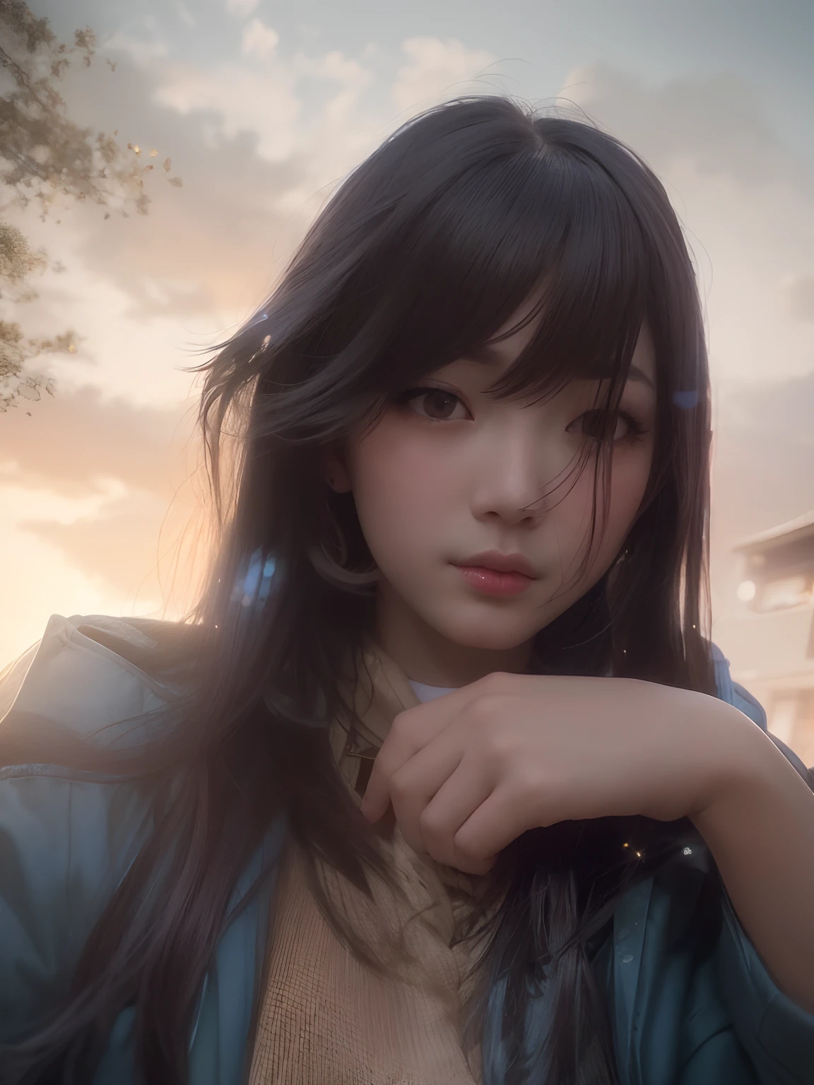 There was a woman with long hair，Wear a scarf and jacket， jaeyeon nam， Korean girl， 18 years old， wan adorable korean face， young cute wan asian face， with round face， With long hair， blue-sky， Long hair over the shoulder， Fine hands，（（（（tmasterpiece））），Best quality at best， A girl，（Beautiful detailed girl）， Solo，Wavy hair，Diamonds and acring eyes，Diagonal perspective， Upper right shade， Lower right corner，Delicate hands