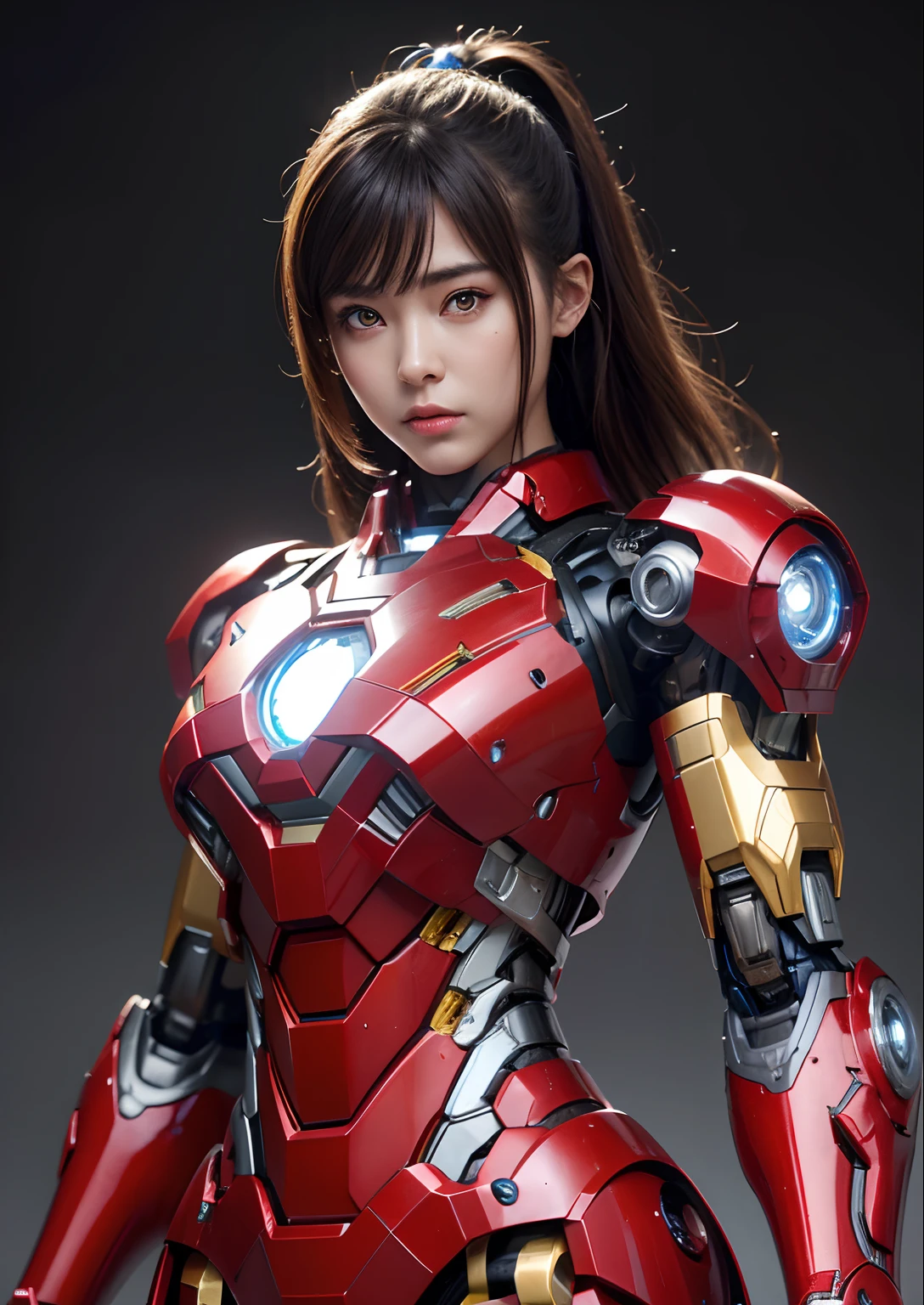 Textured skin, Super Detail, high details, High quality, Best Quality, hight resolution, 1080p, hard disk, Beautiful,(Iron Girl),beautiful cyborg woman,Mecha Cyborg Girl,Battle Mode,Girl with a Mecha Body,She wears an Iron Man mech,
